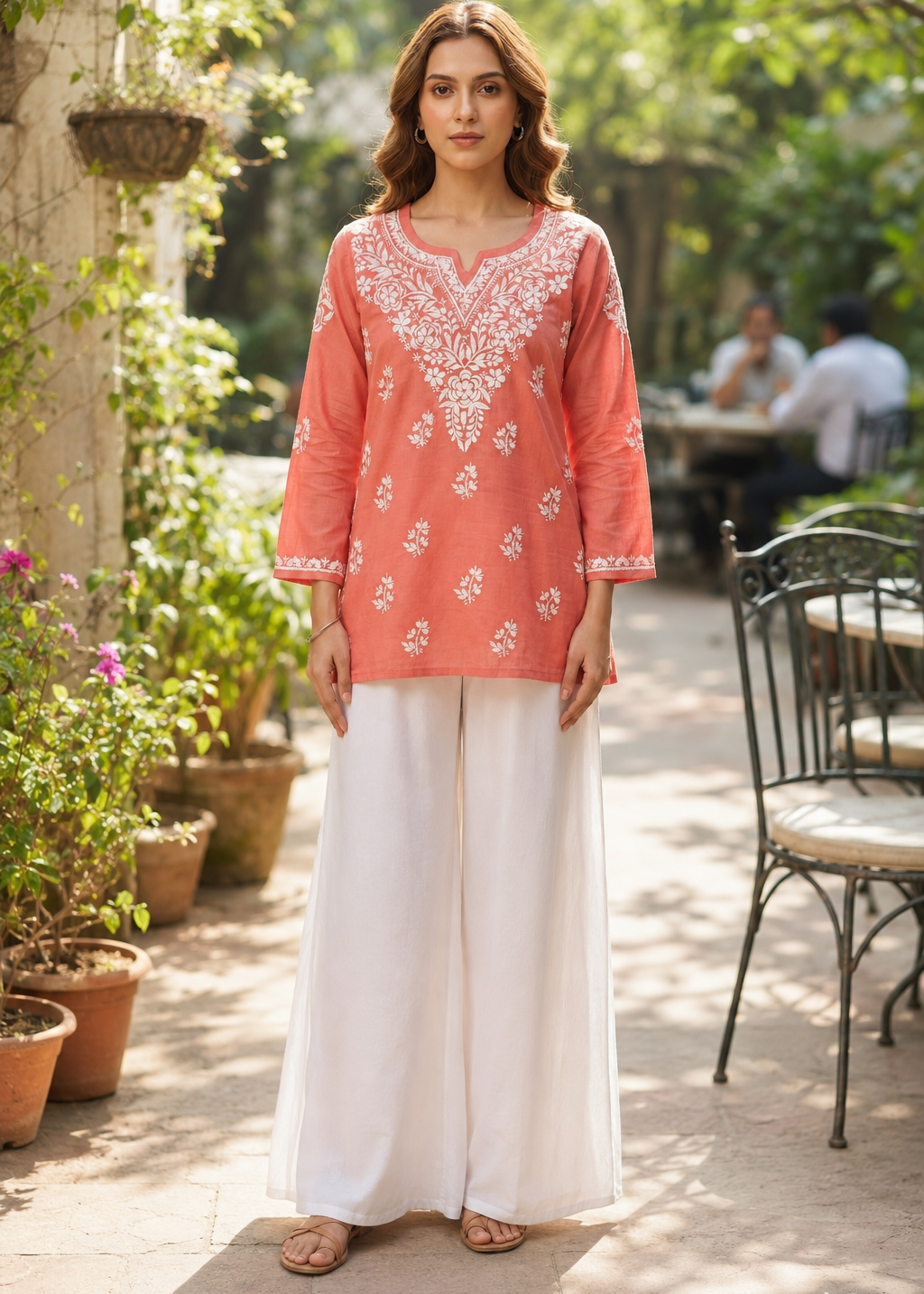 Chikankari Cotton Short Kurta Coral Peach