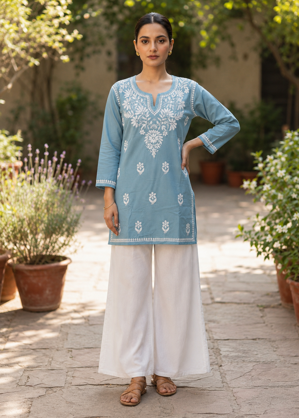 Chikankari Cotton Short Kurta Blue