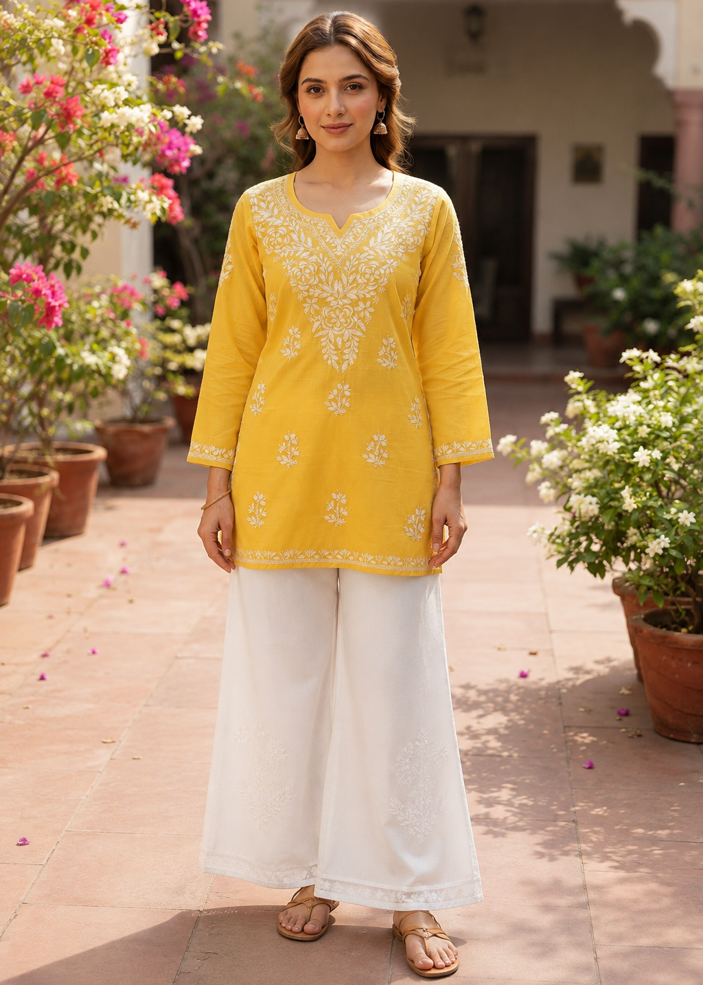 Chikankari Cotton Short Kurta Yellow