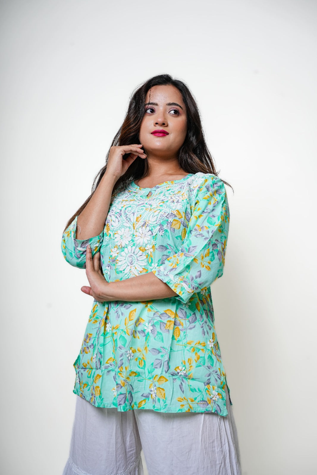 Chikankari Hand Embroidered | Short Kurti | Mul Cotton | Green
