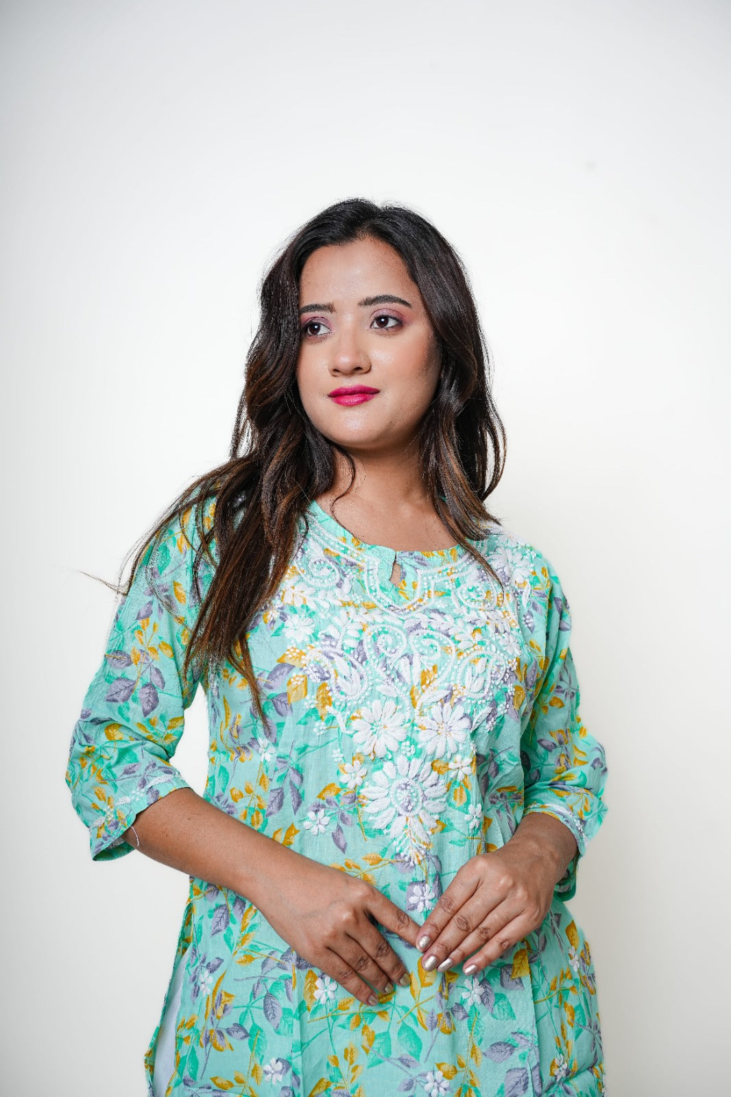 Chikankari Hand Embroidered | Short Kurti | Mul Cotton | Green