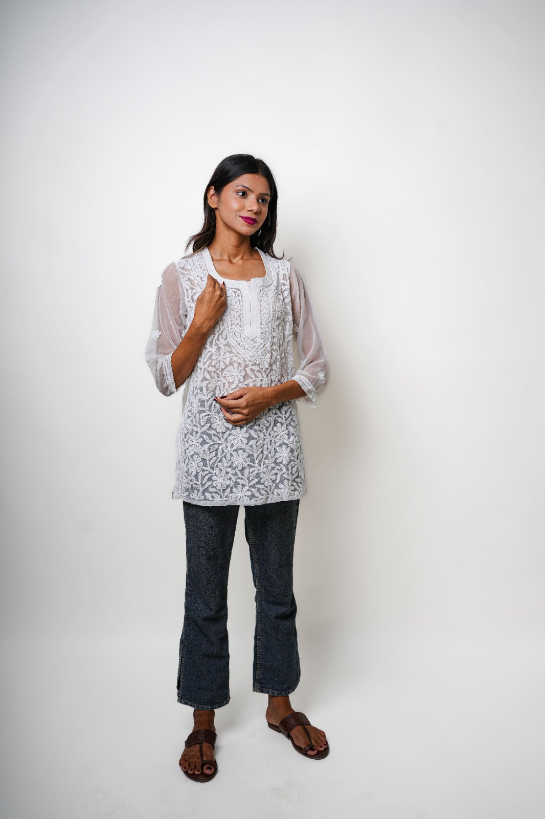 Chikankari hand embroidered | Short Kurti | Georgette | White
