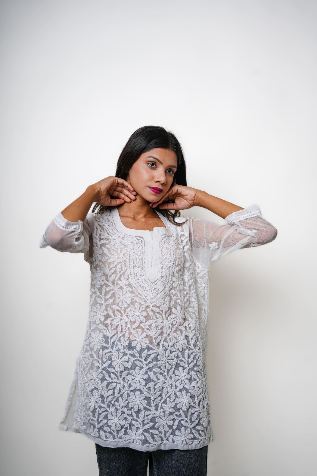 Chikankari hand embroidered | Short Kurti | Georgette | White