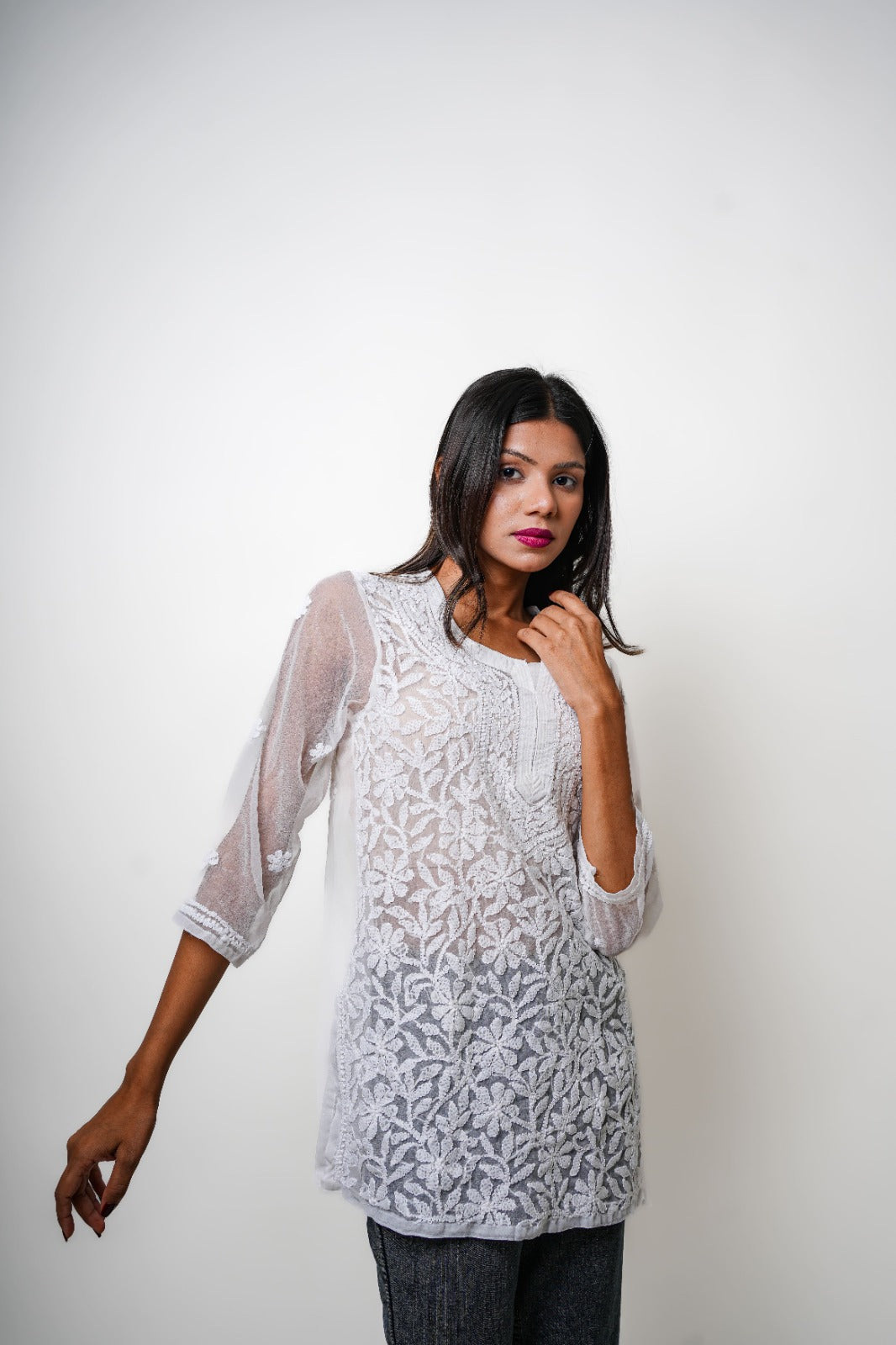 Chikankari hand embroidered | Short Kurti | Georgette | White