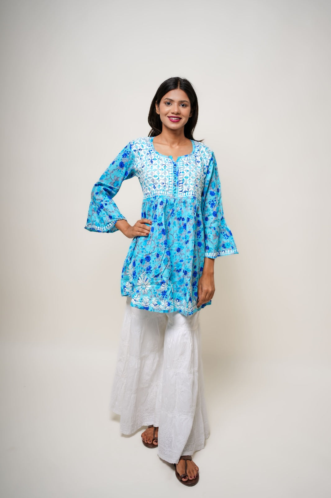 Chikankari hand embroidered | Short Kurta Dress | mul cotton | Sky Blue