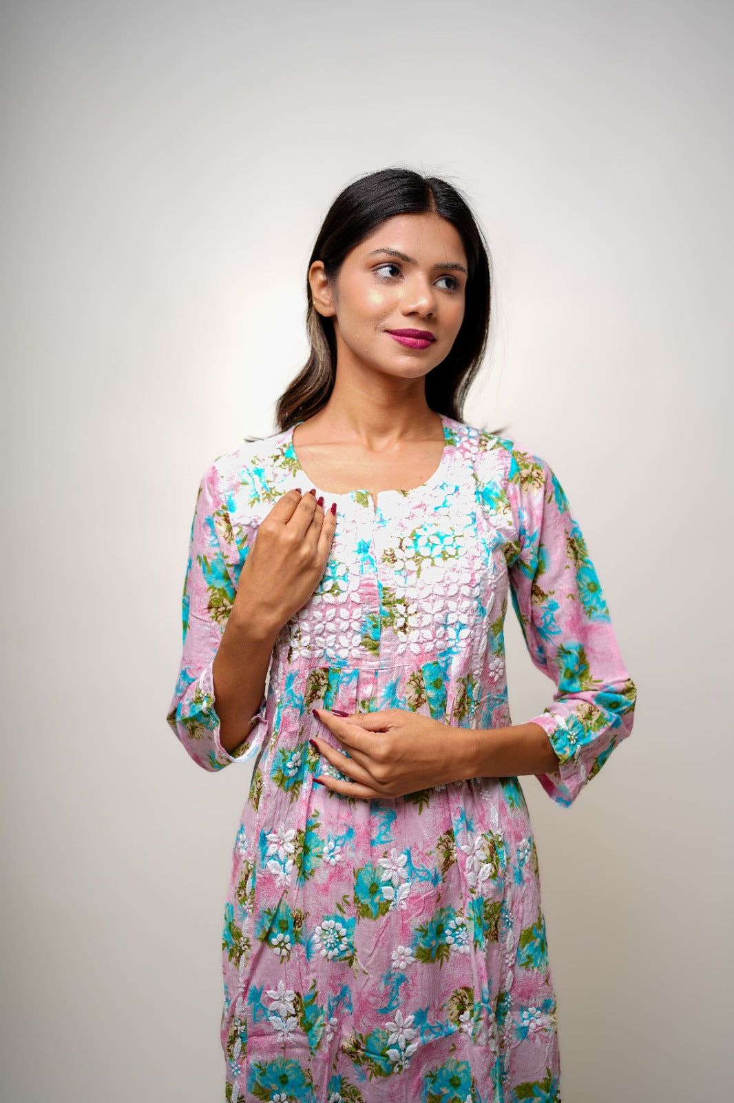 Chikankari hand embroidered | Long Nayra | Mul cotton | Pink
