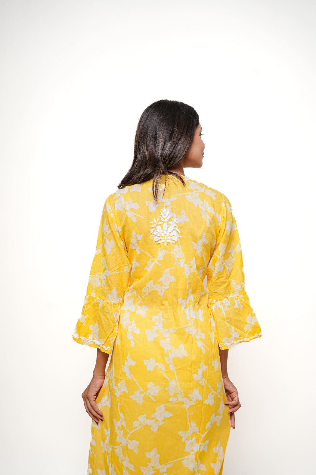 Chikankari hand embroidered | Long Nayra | Mul cotton | Yellow