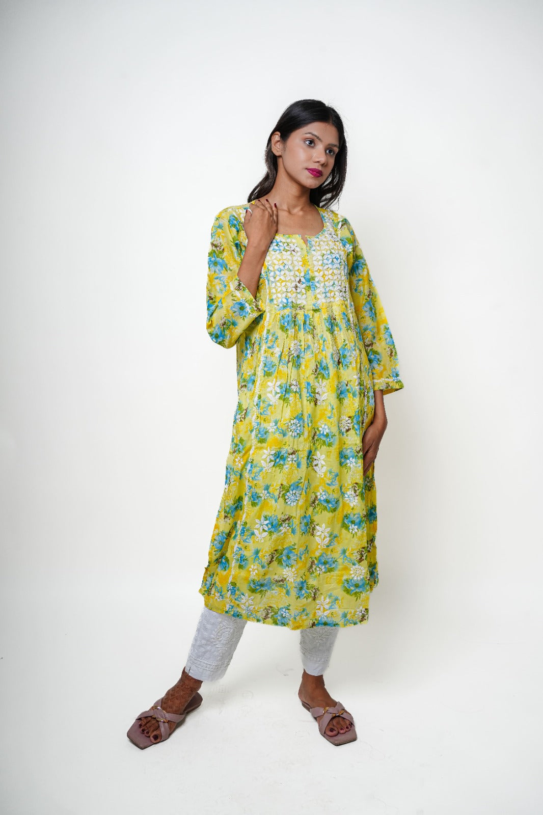 Chikankari hand embroidered | Long Nayra | Mul cotton | Yellow & Green