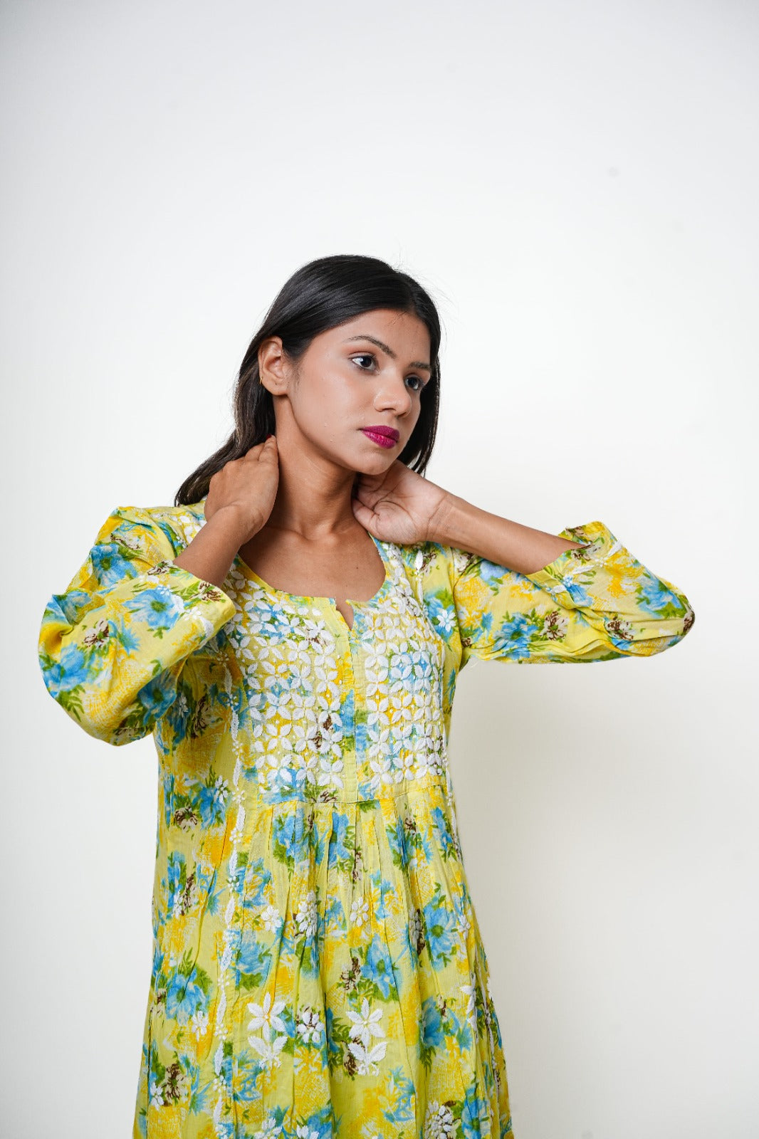 Chikankari hand embroidered | Long Nayra | Mul cotton | Yellow & Green