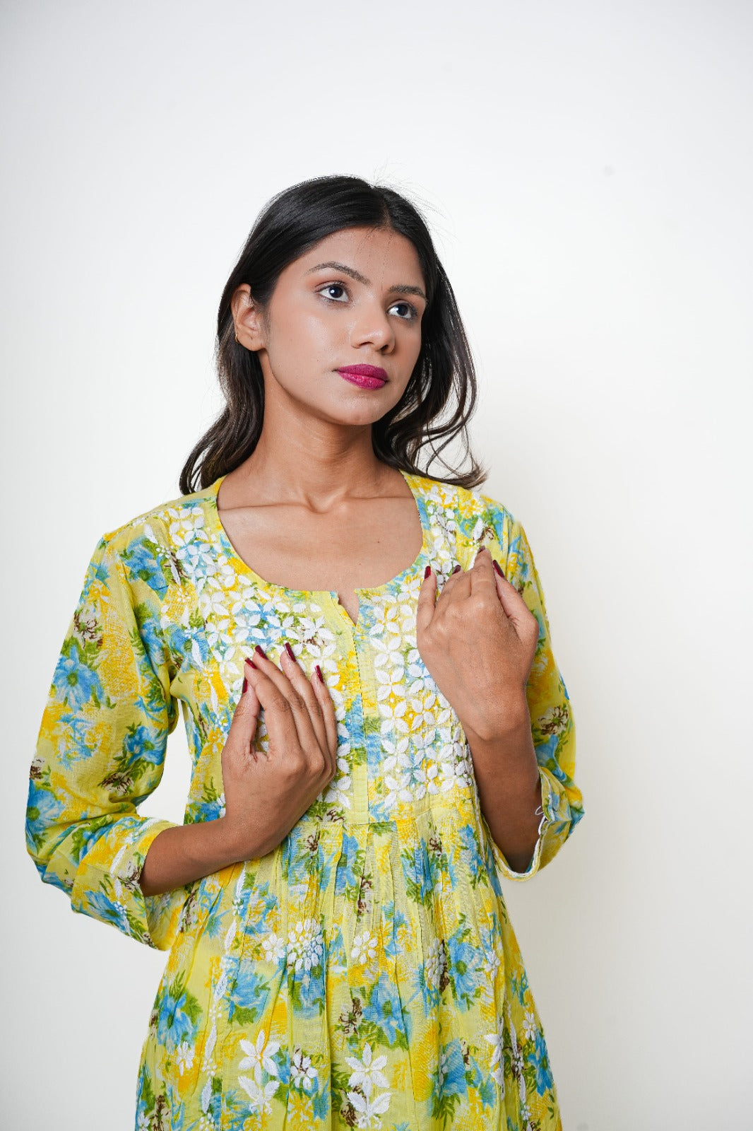 Chikankari hand embroidered | Long Nayra | Mul cotton | Yellow & Green