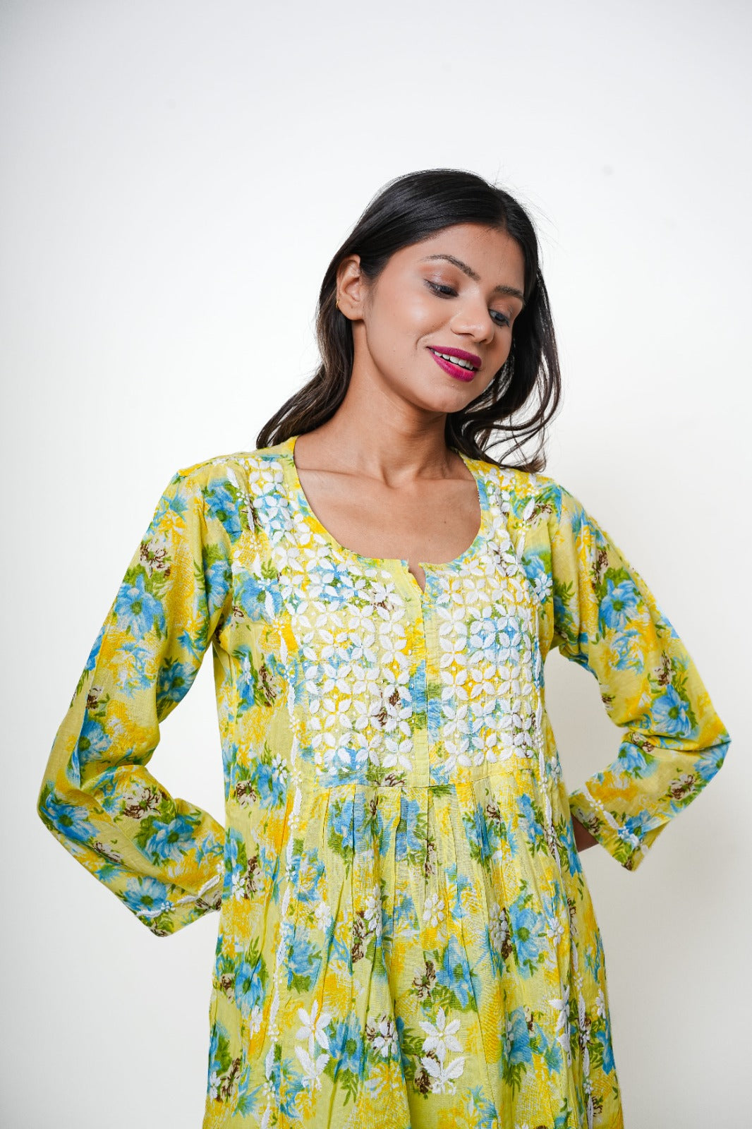 Chikankari hand embroidered | Long Nayra | Mul cotton | Yellow & Green