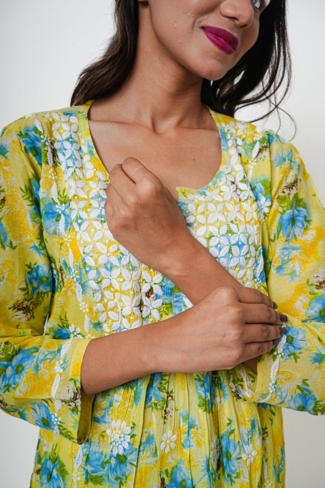 Chikankari hand embroidered | Long Nayra | Mul cotton | Yellow & Green