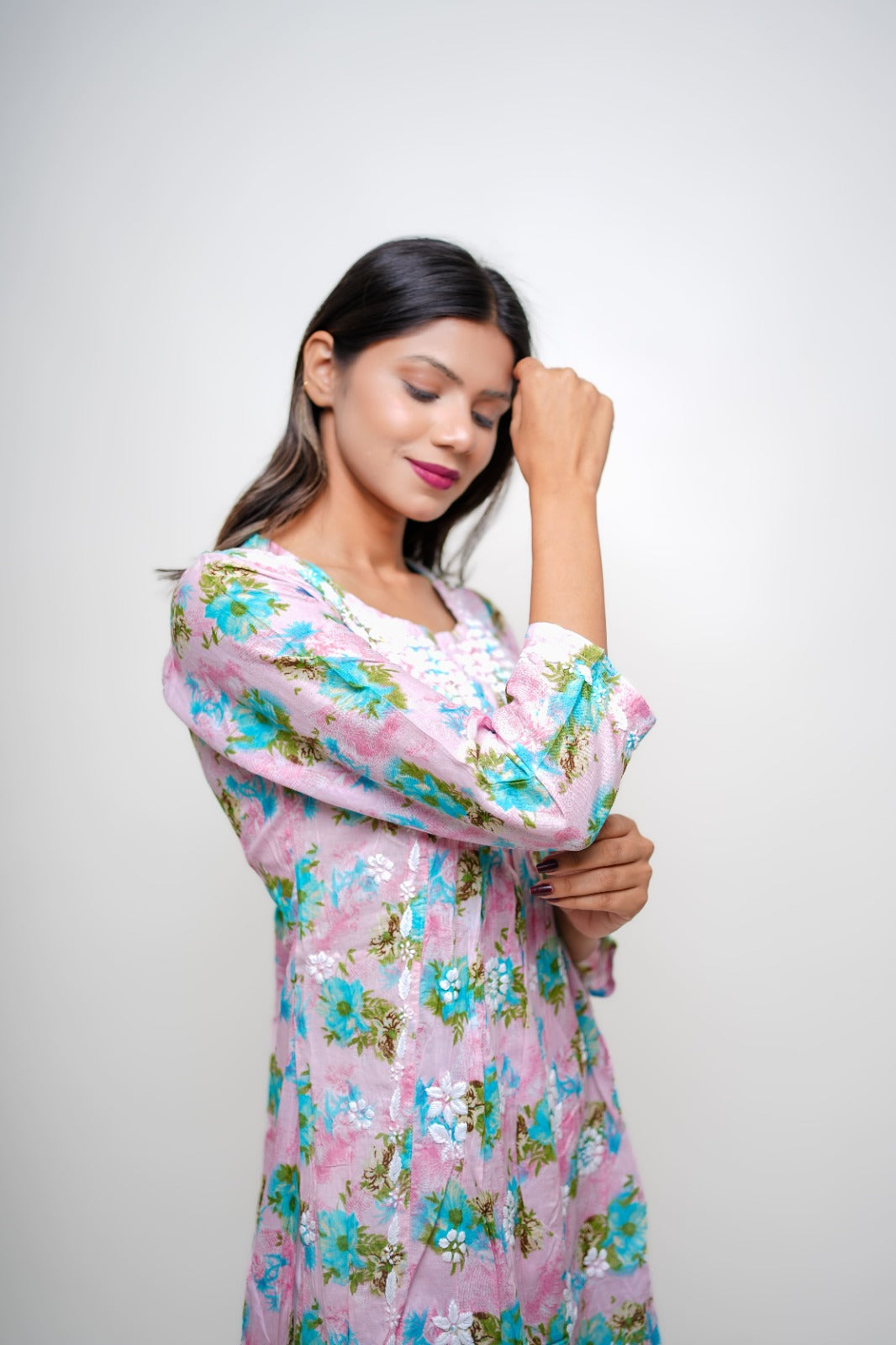 Chikankari hand embroidered | Long Nayra | Mul cotton | Pink