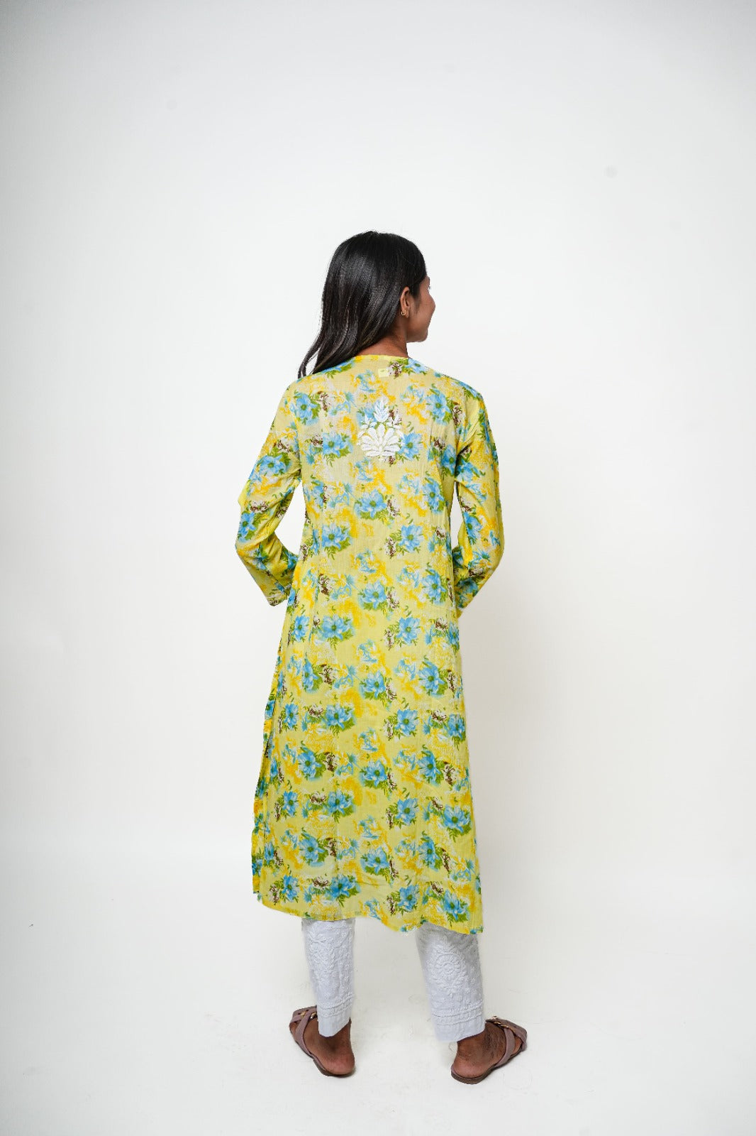 Chikankari hand embroidered | Long Nayra | Mul cotton | Yellow & Green
