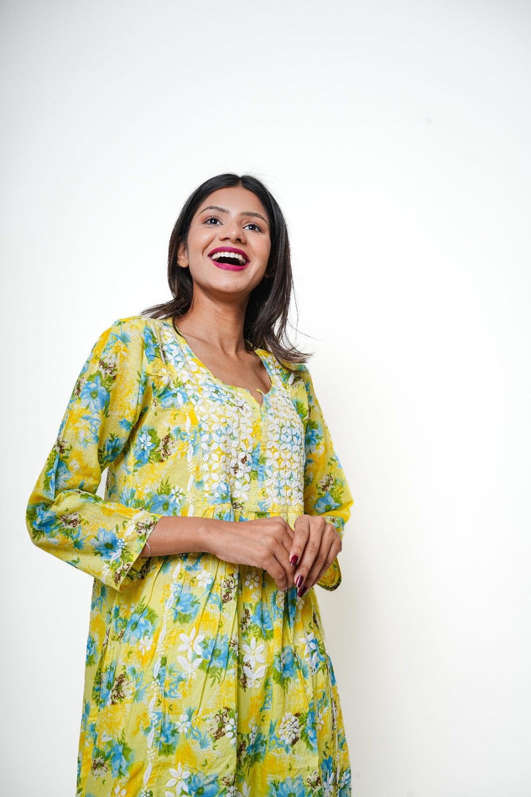 Chikankari hand embroidered | Long Nayra | Mul cotton | Yellow & Green