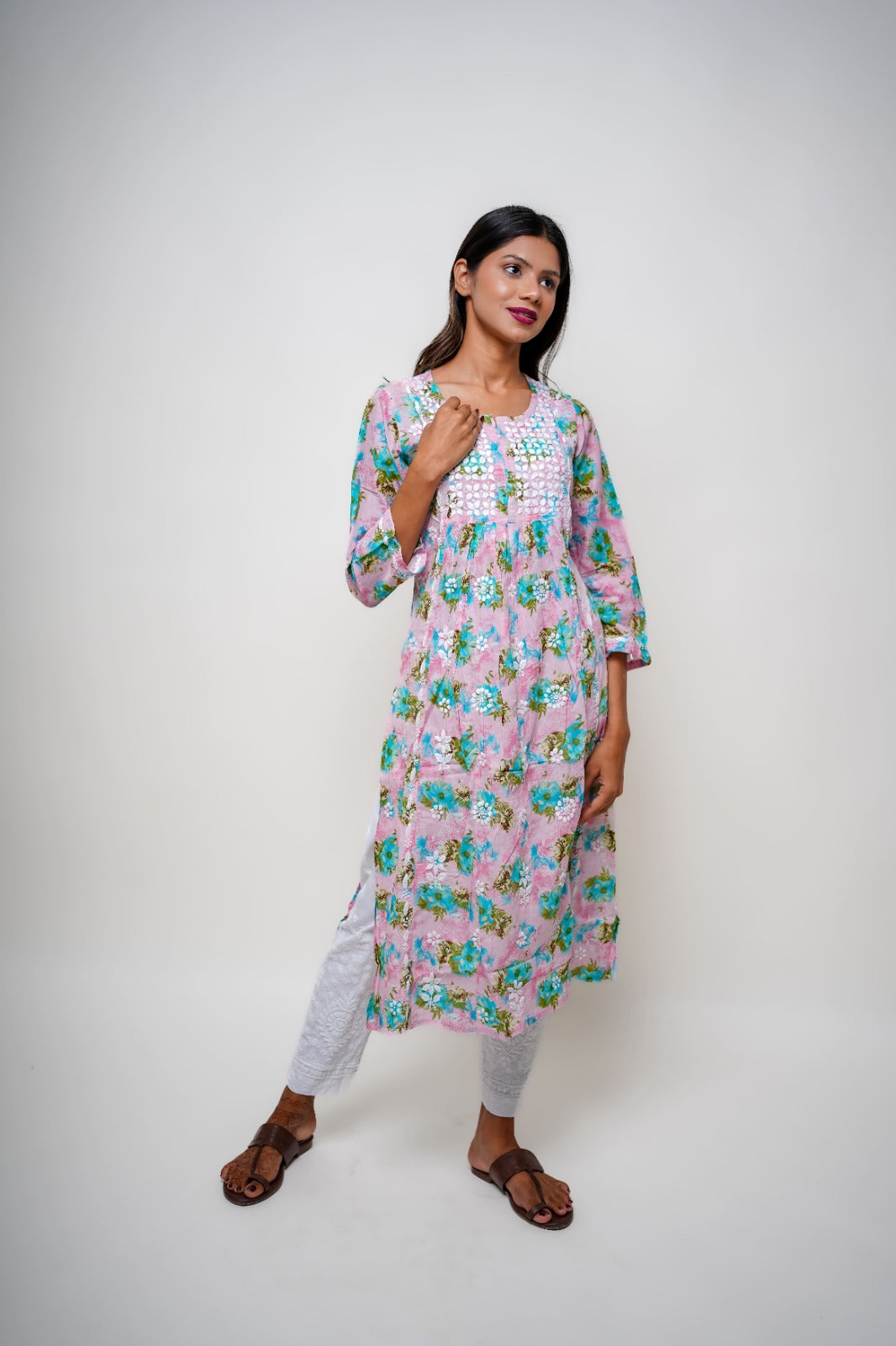 Chikankari hand embroidered | Long Nayra | Mul cotton | Pink