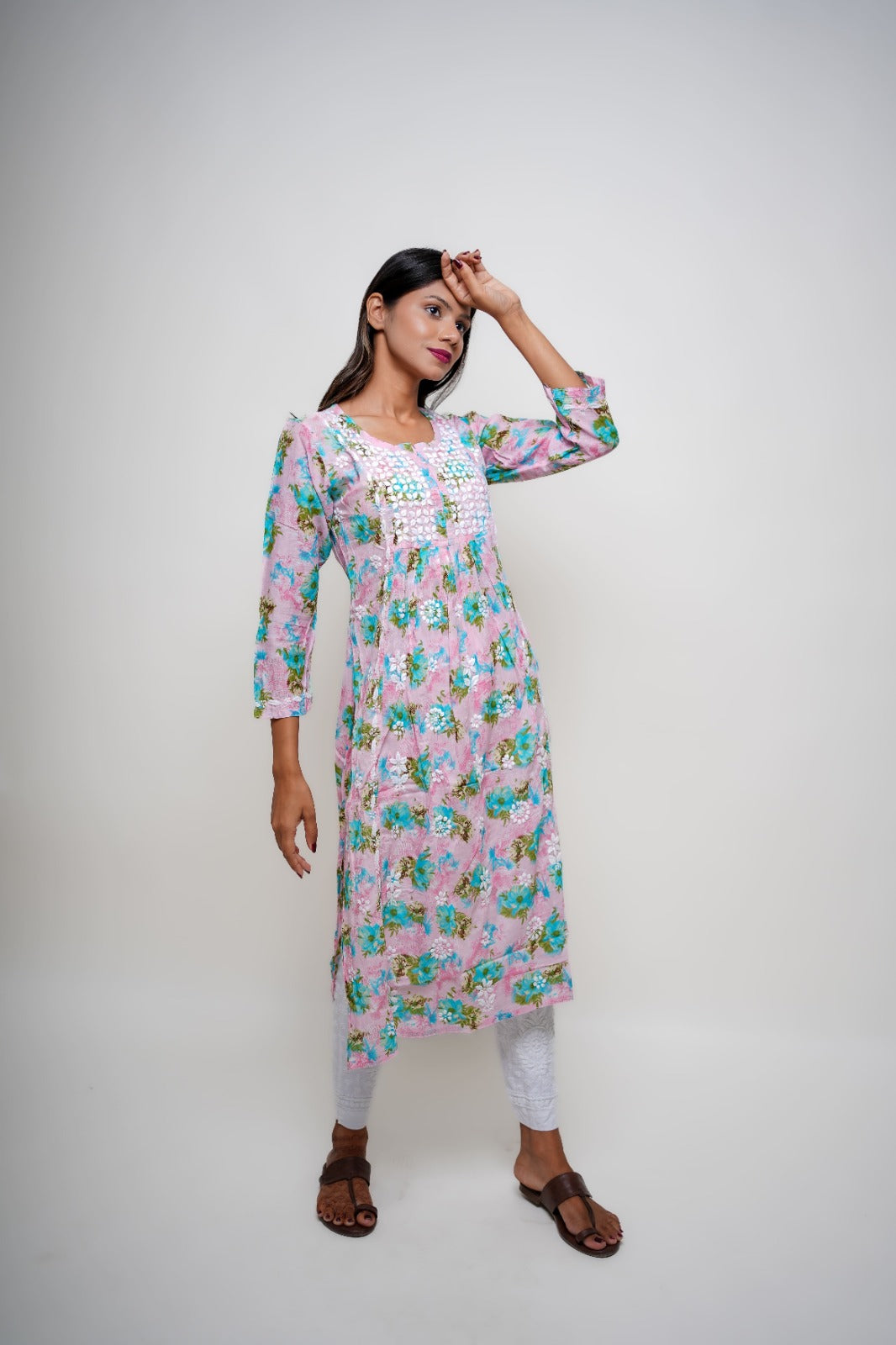 Chikankari hand embroidered | Long Nayra | Mul cotton | Pink