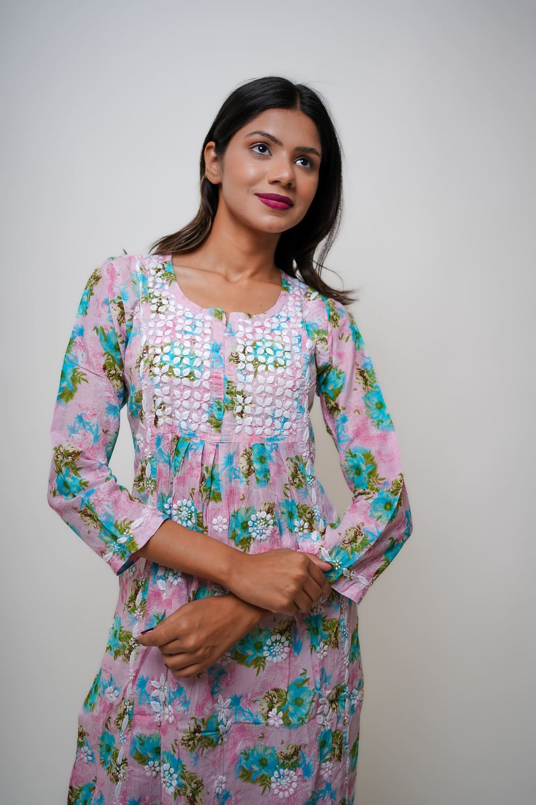 Chikankari hand embroidered | Long Nayra | Mul cotton | Pink