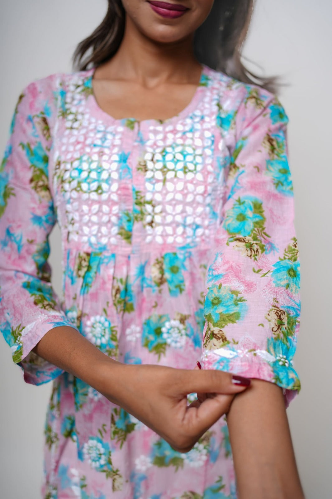 Chikankari hand embroidered | Long Nayra | Mul cotton | Pink