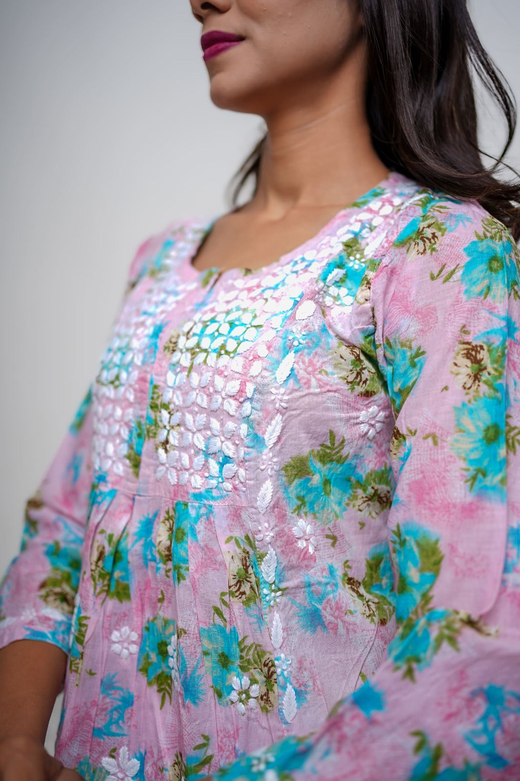 Chikankari hand embroidered | Long Nayra | Mul cotton | Pink