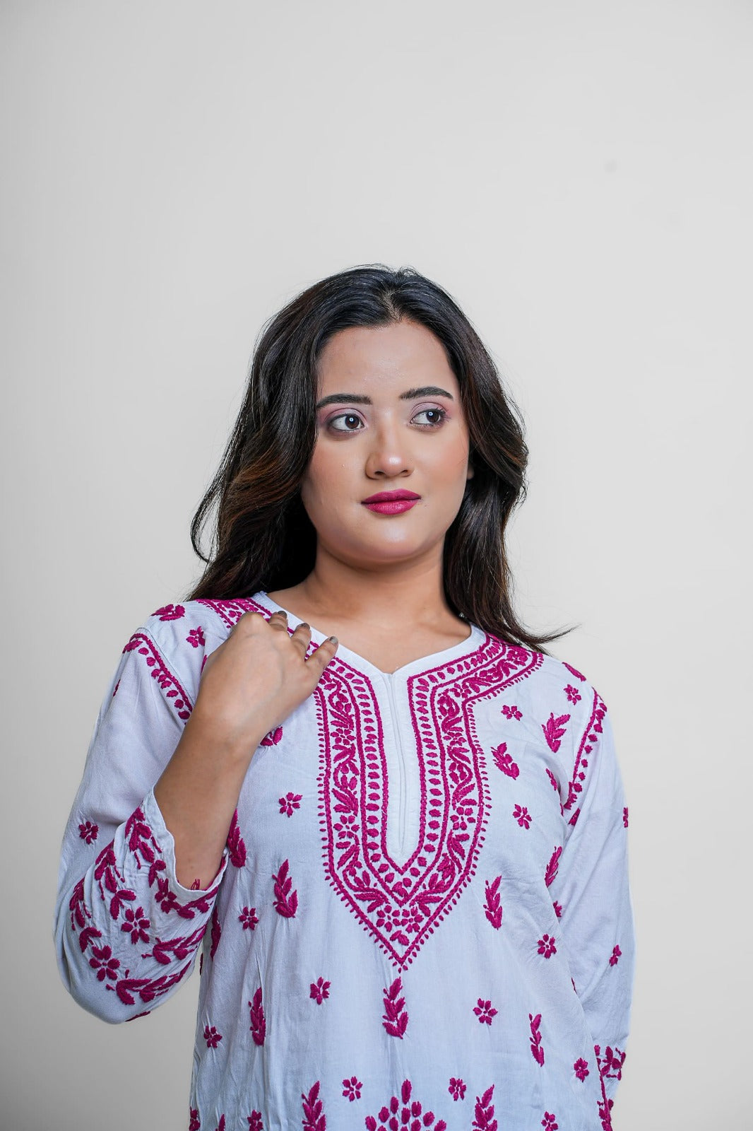 Chikankari hand embroidered | Long Kurta | Rayon | White & Pink