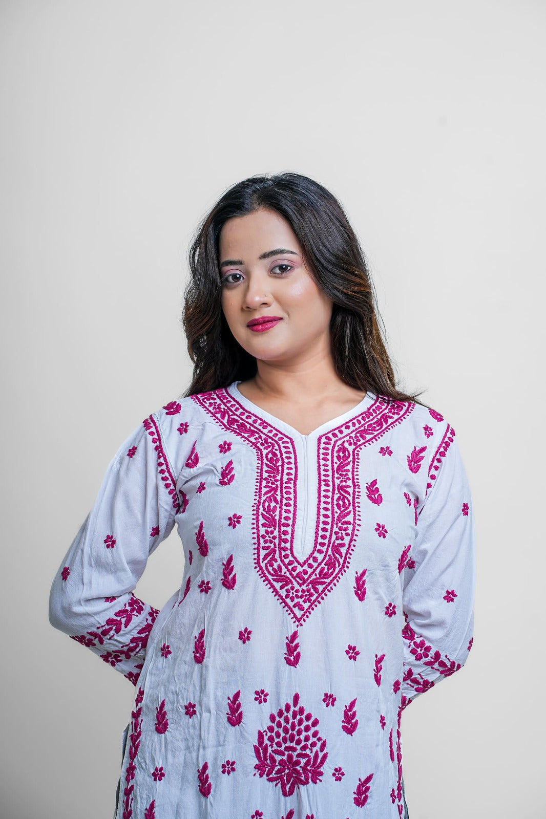 Chikankari hand embroidered | Long Kurta | Rayon | White & Pink
