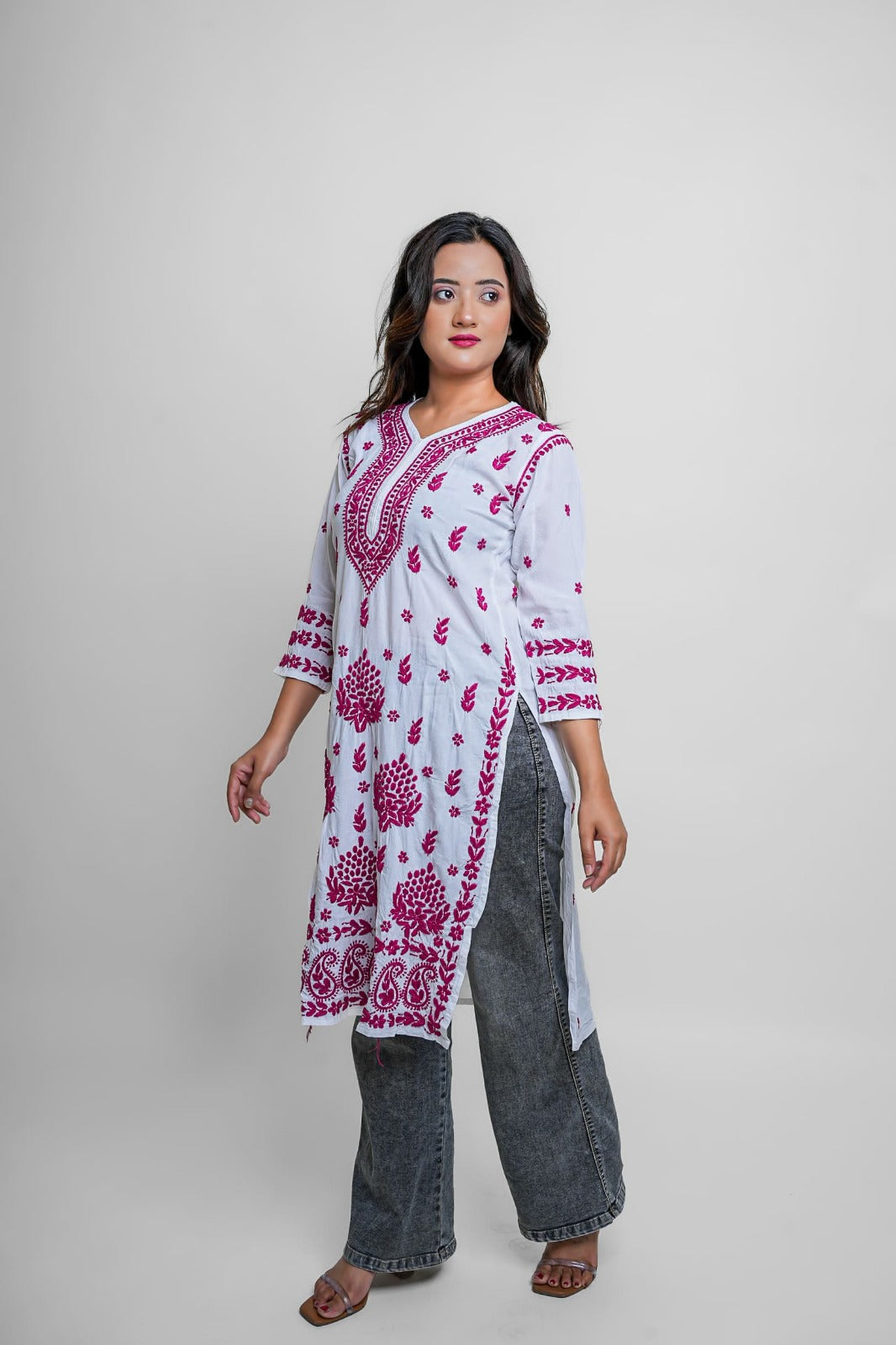 Chikankari hand embroidered | Long Kurta | Rayon | White & Pink