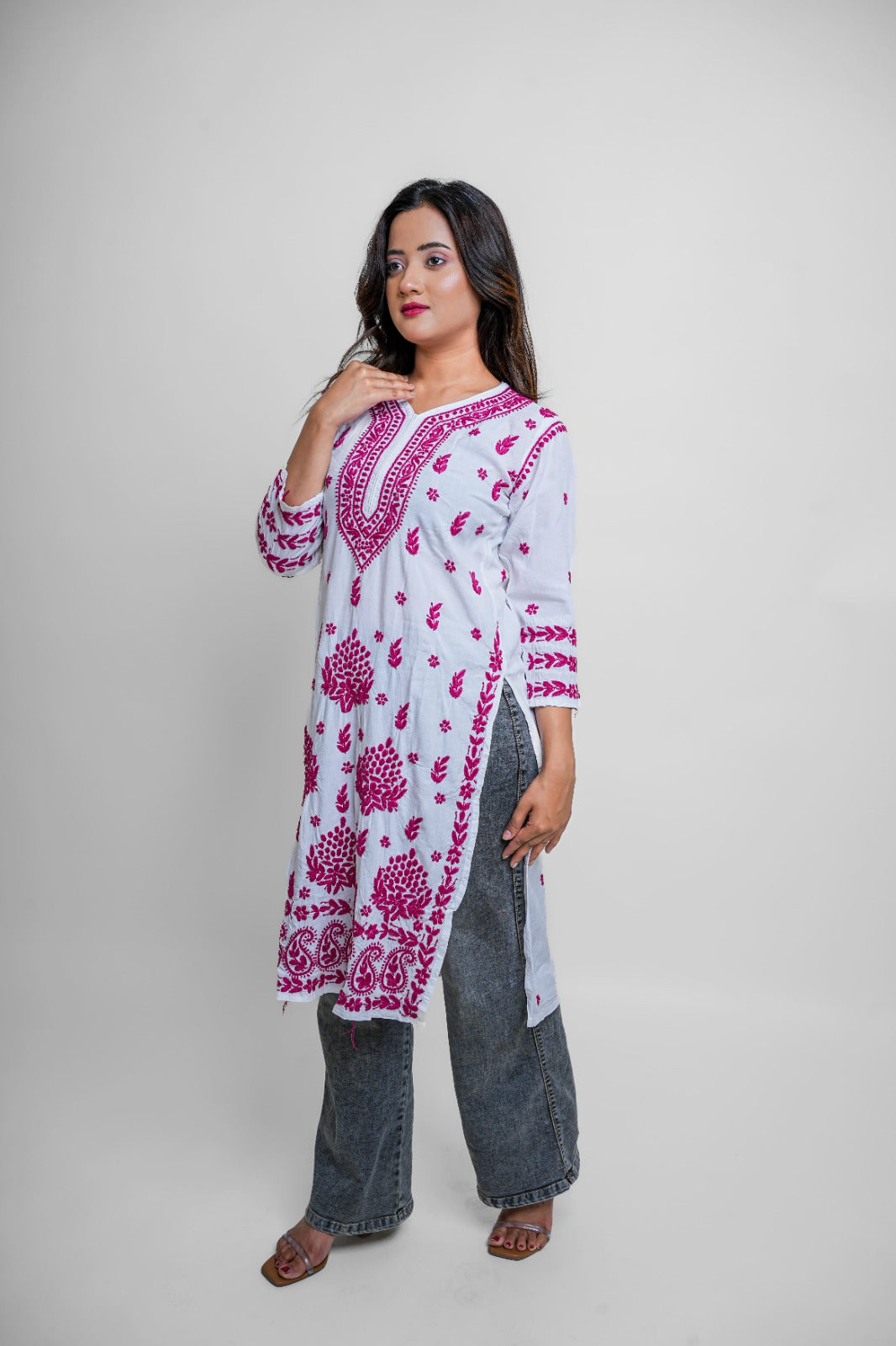 Chikankari hand embroidered | Long Kurta | Rayon | White & Pink