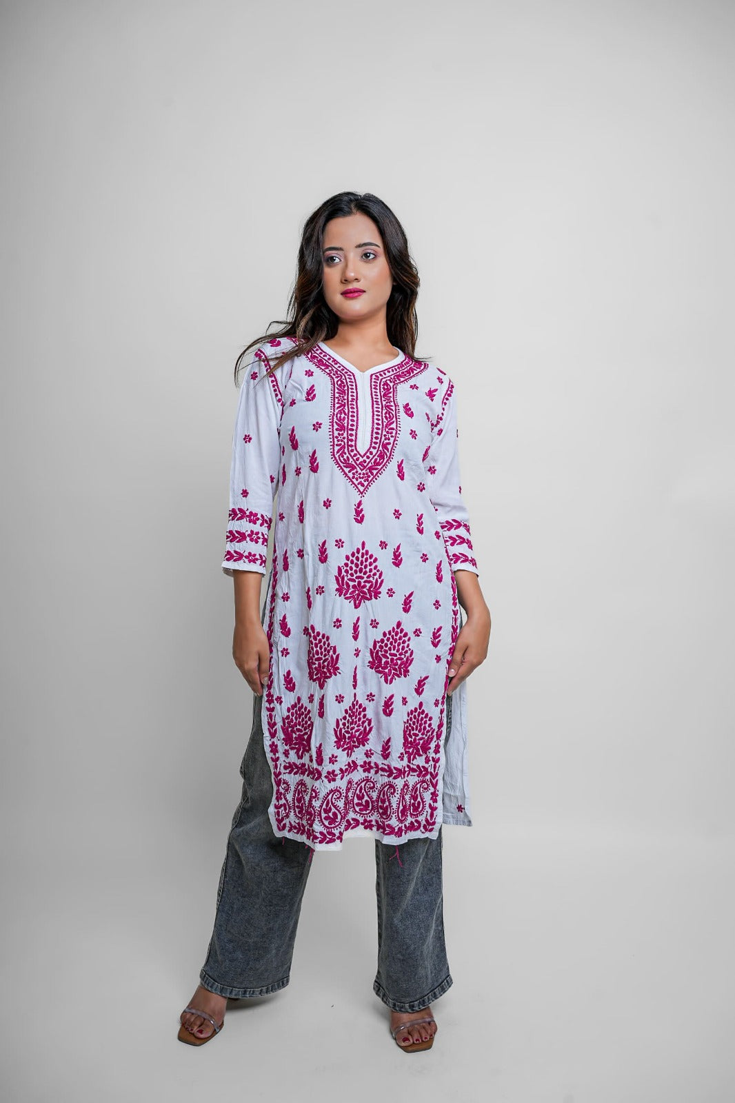Chikankari hand embroidered | Long Kurta | Rayon | White & Pink