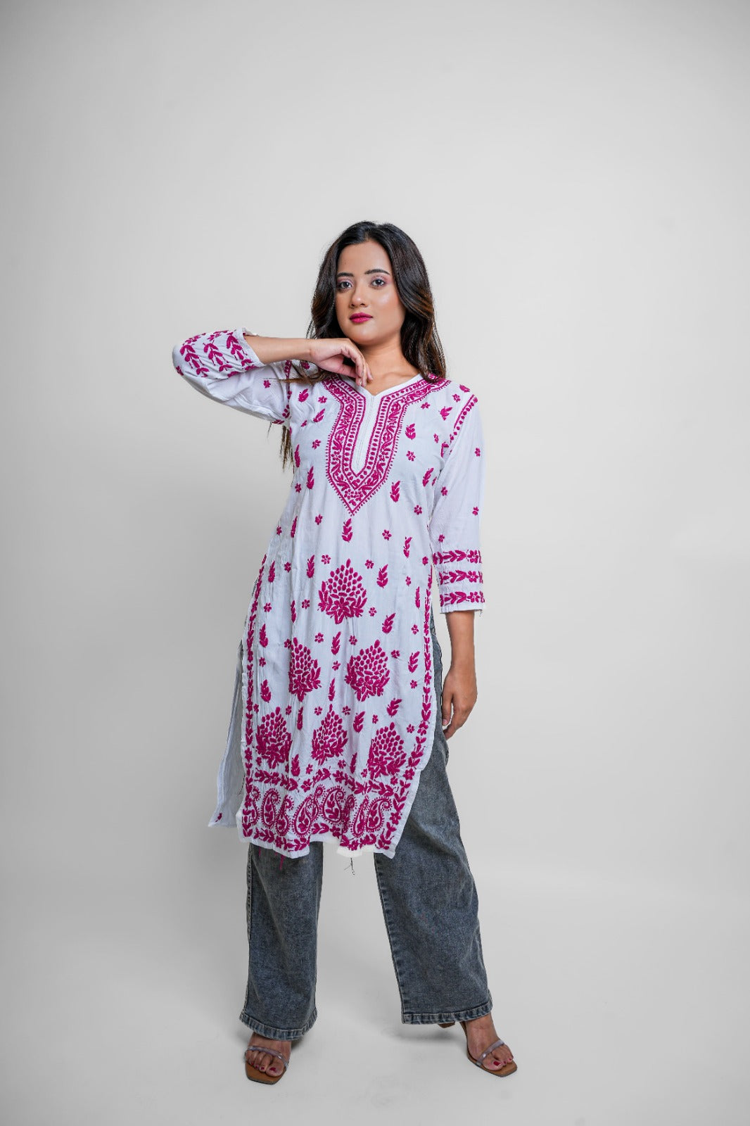 Chikankari hand embroidered | Long Kurta | Rayon | White & Pink