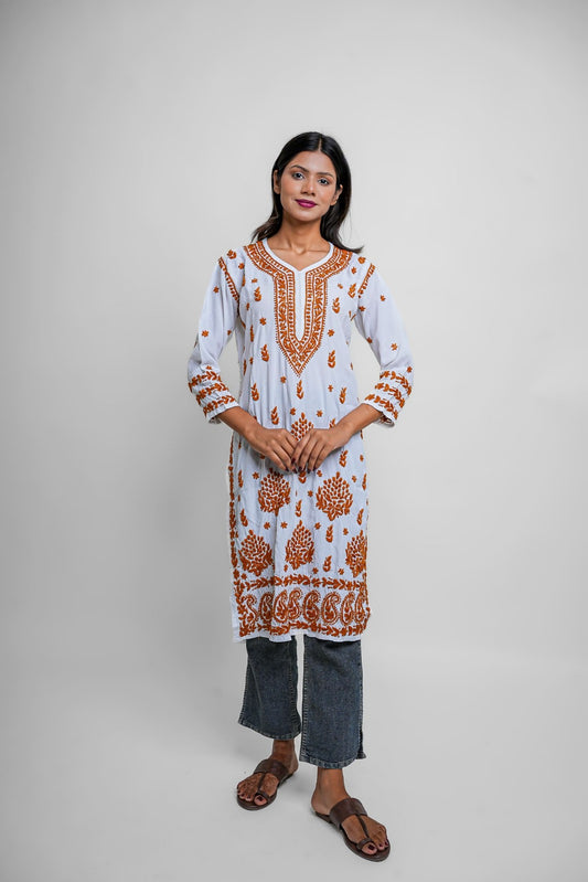 Chikankari hand embroidered | Long Kurta | Rayon | White & mustard