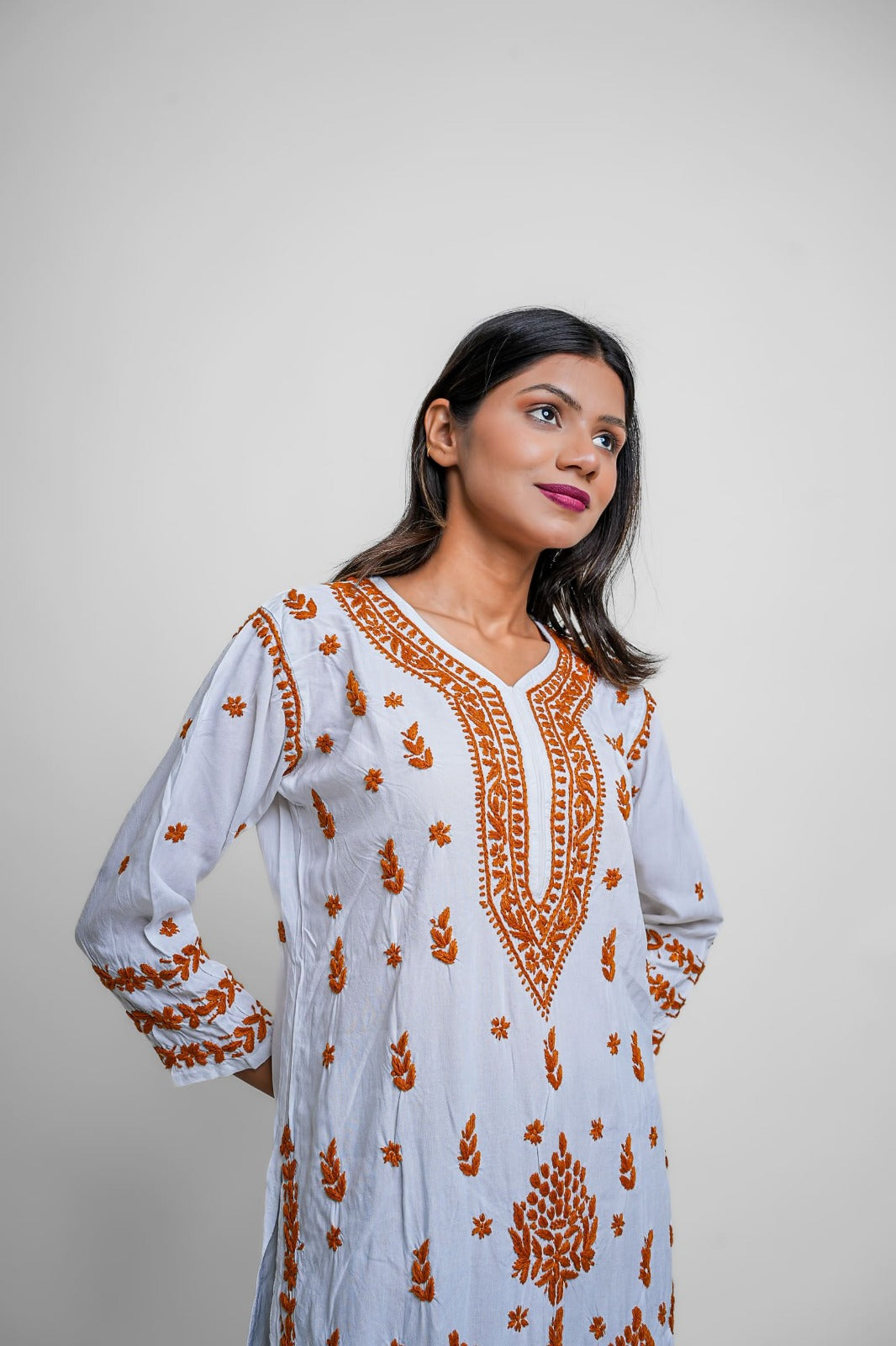 Chikankari hand embroidered | Long Kurta | Rayon | White & mustard