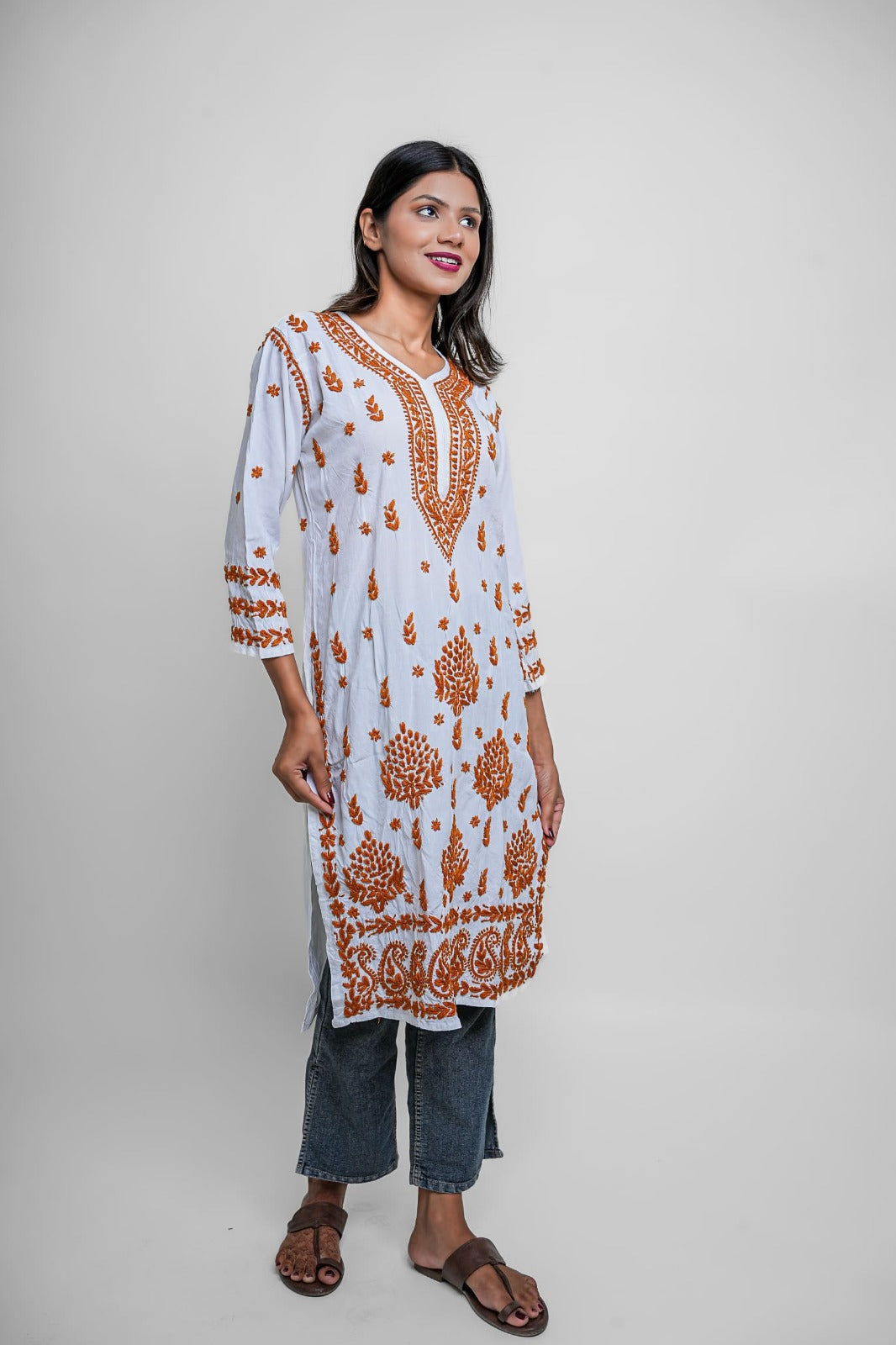 Chikankari hand embroidered | Long Kurta | Rayon | White & mustard
