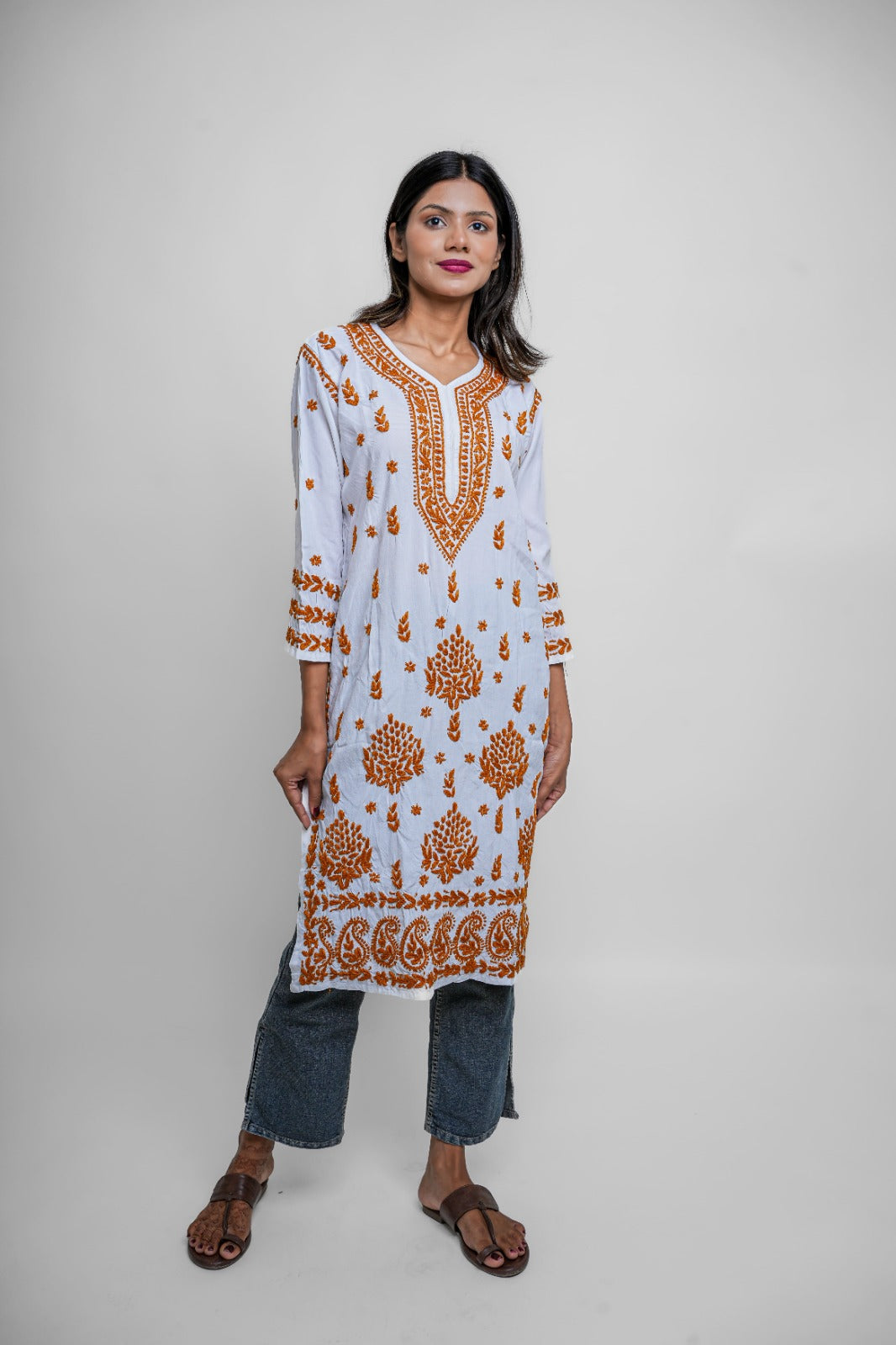 Chikankari hand embroidered | Long Kurta | Rayon | White & mustard
