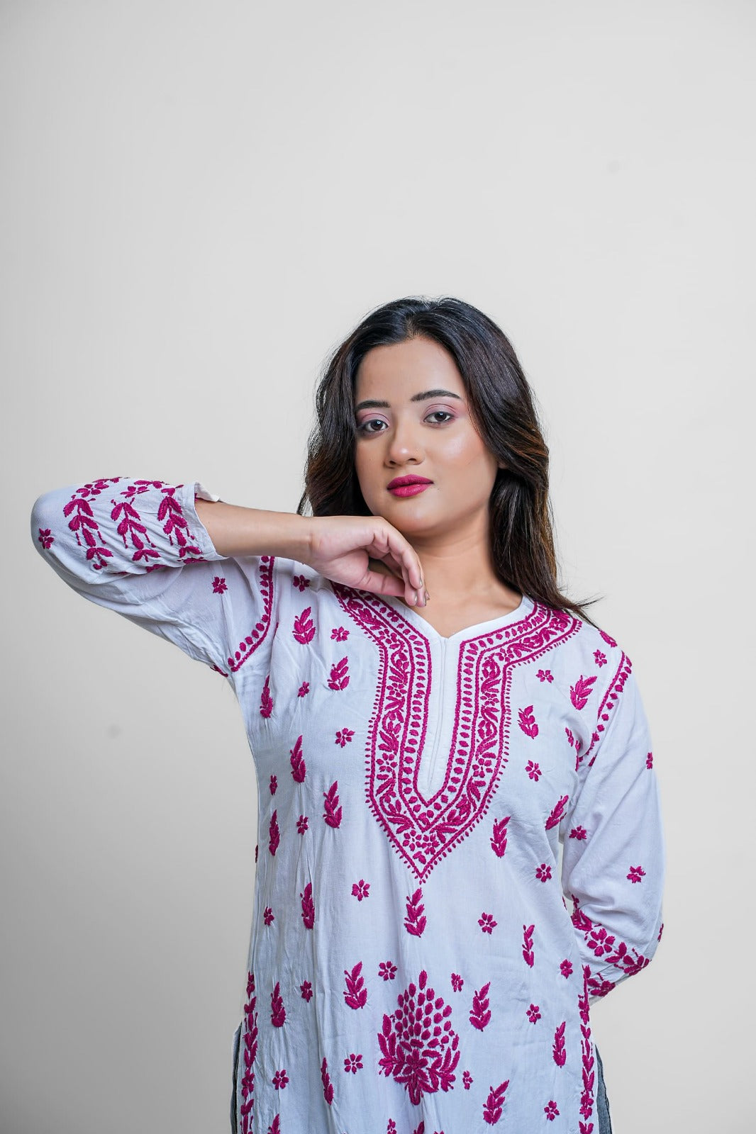 Chikankari hand embroidered | Long Kurta | Rayon | White & Pink