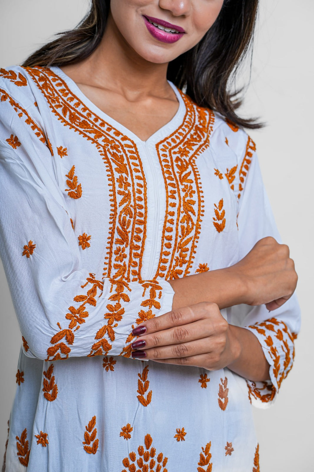 Chikankari hand embroidered | Long Kurta | Rayon | White & mustard