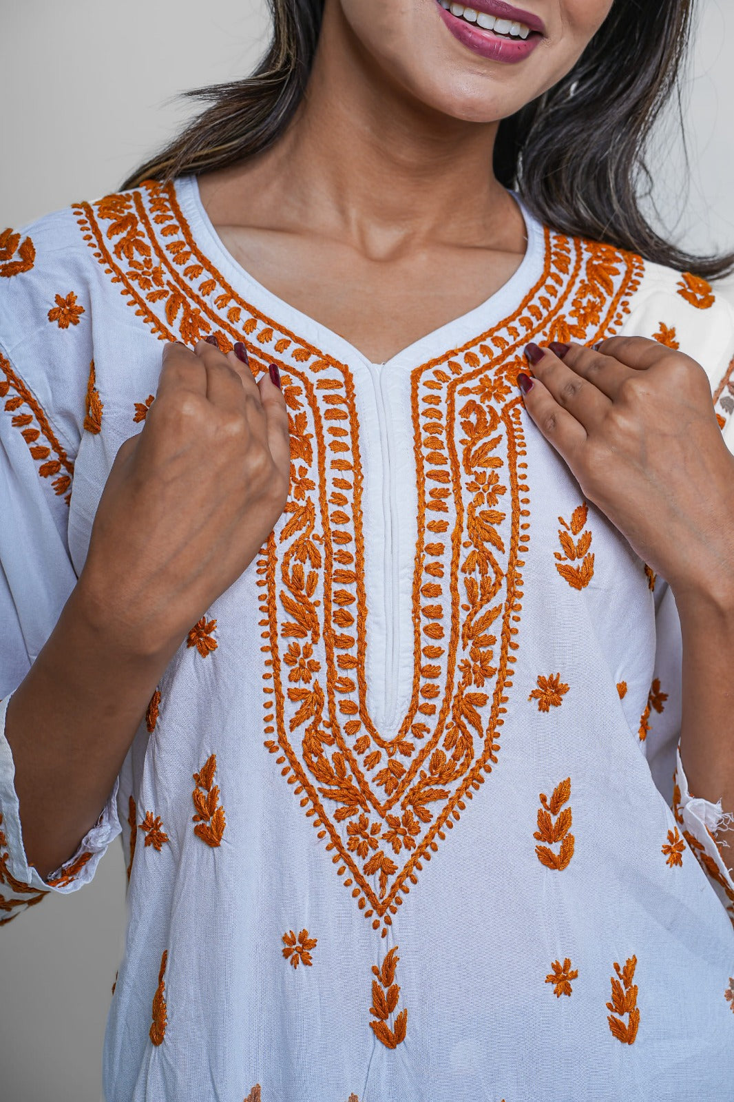 Chikankari hand embroidered | Long Kurta | Rayon | White & mustard