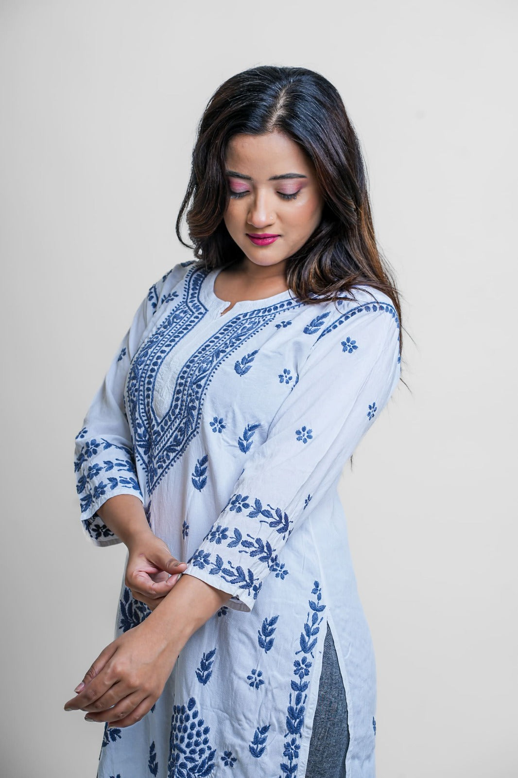 Chikankari hand embroidered | Long Kurta | Rayon | White & Blue