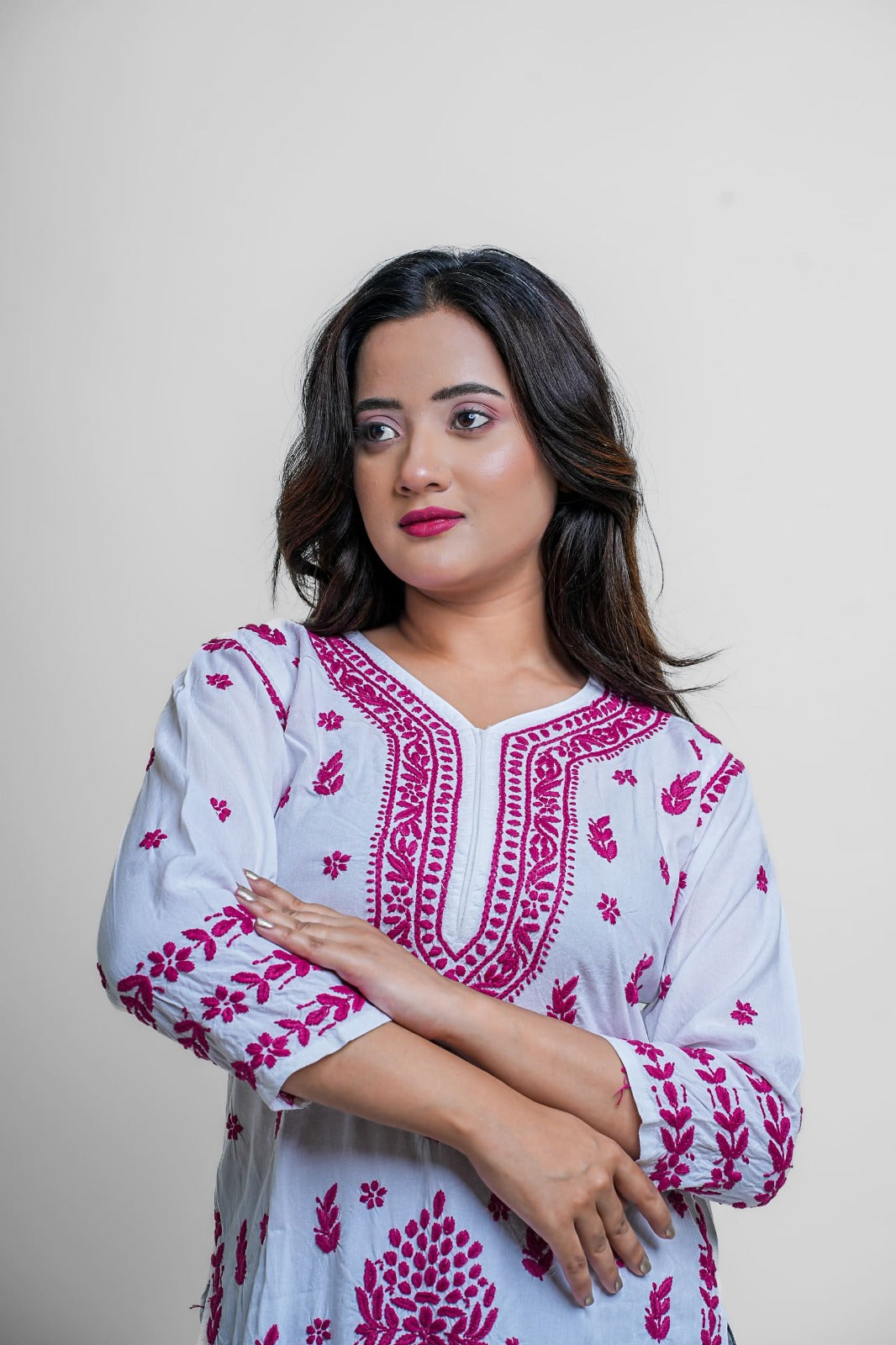 Chikankari hand embroidered | Long Kurta | Rayon | White & Pink