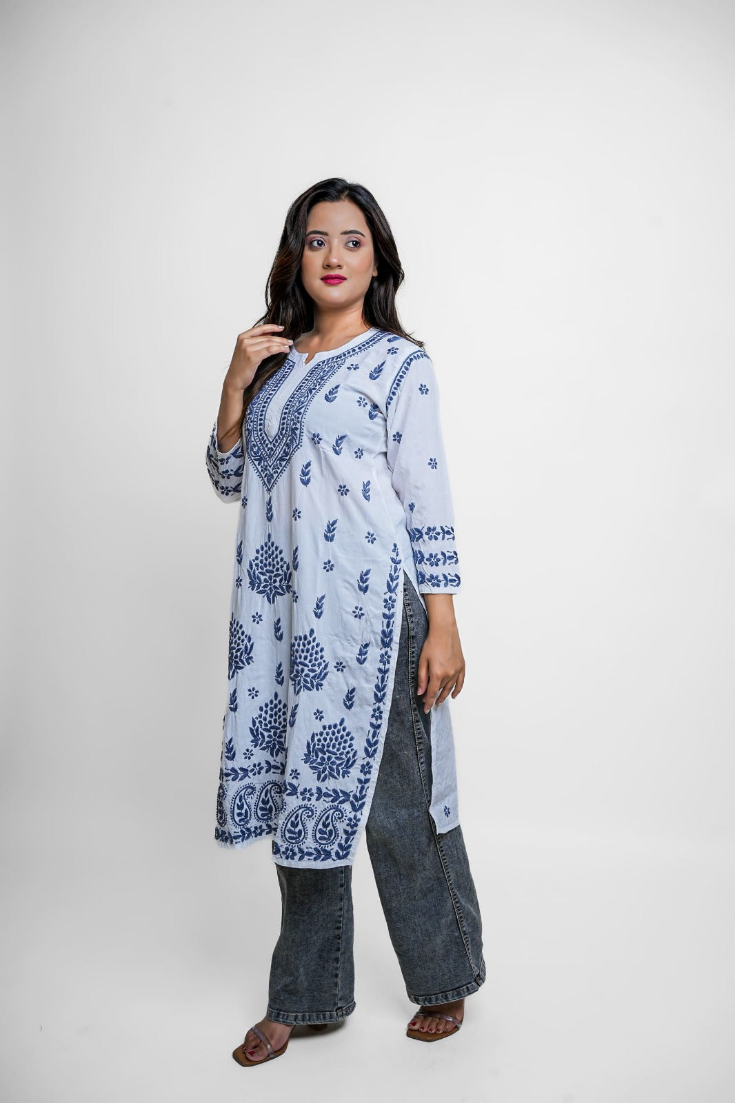 Chikankari hand embroidered | Long Kurta | Rayon | White & Blue