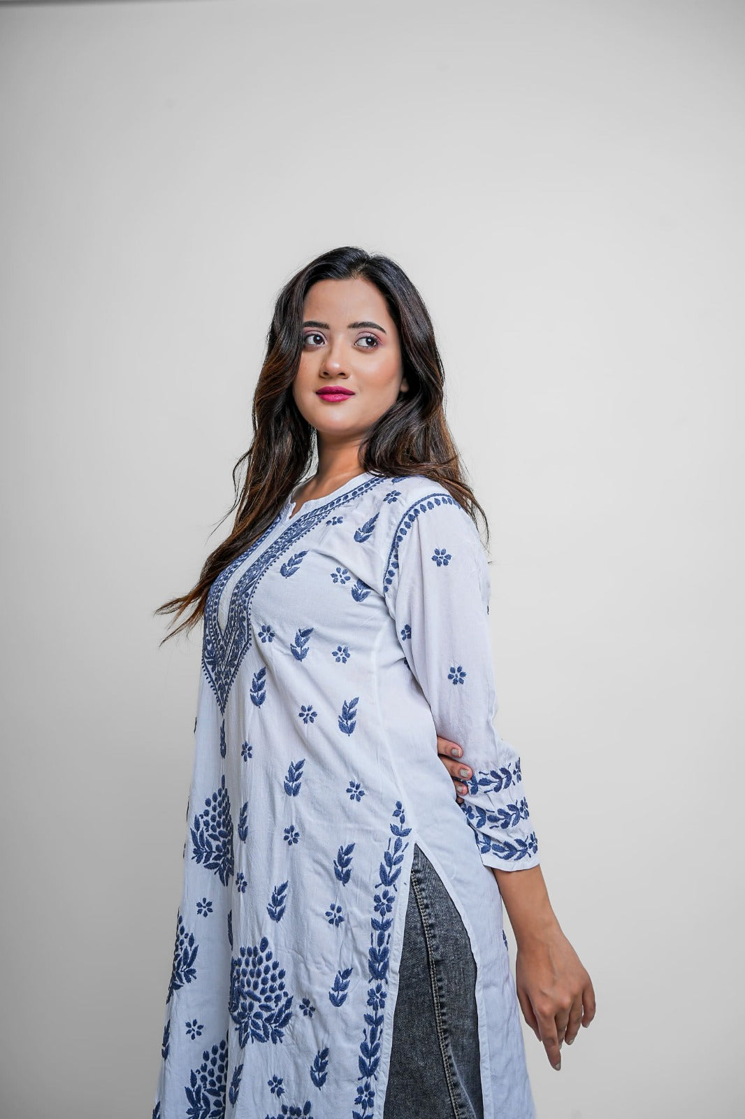 Chikankari hand embroidered | Long Kurta | Rayon | White & Blue