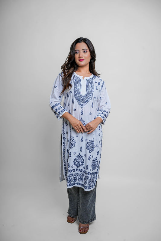 Chikankari hand embroidered | Long Kurta | Rayon | White & Blue