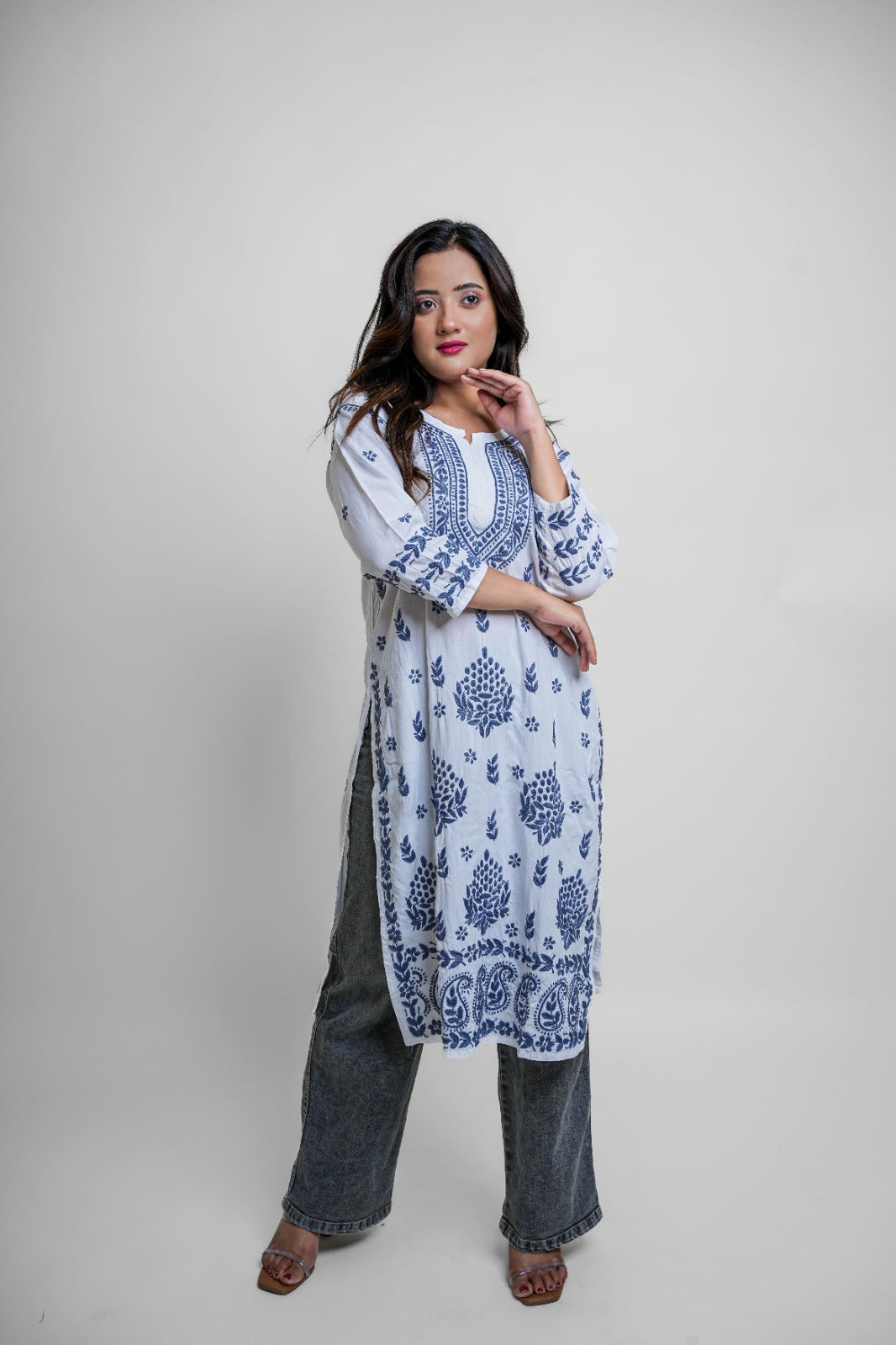 Chikankari hand embroidered | Long Kurta | Rayon | White & Blue