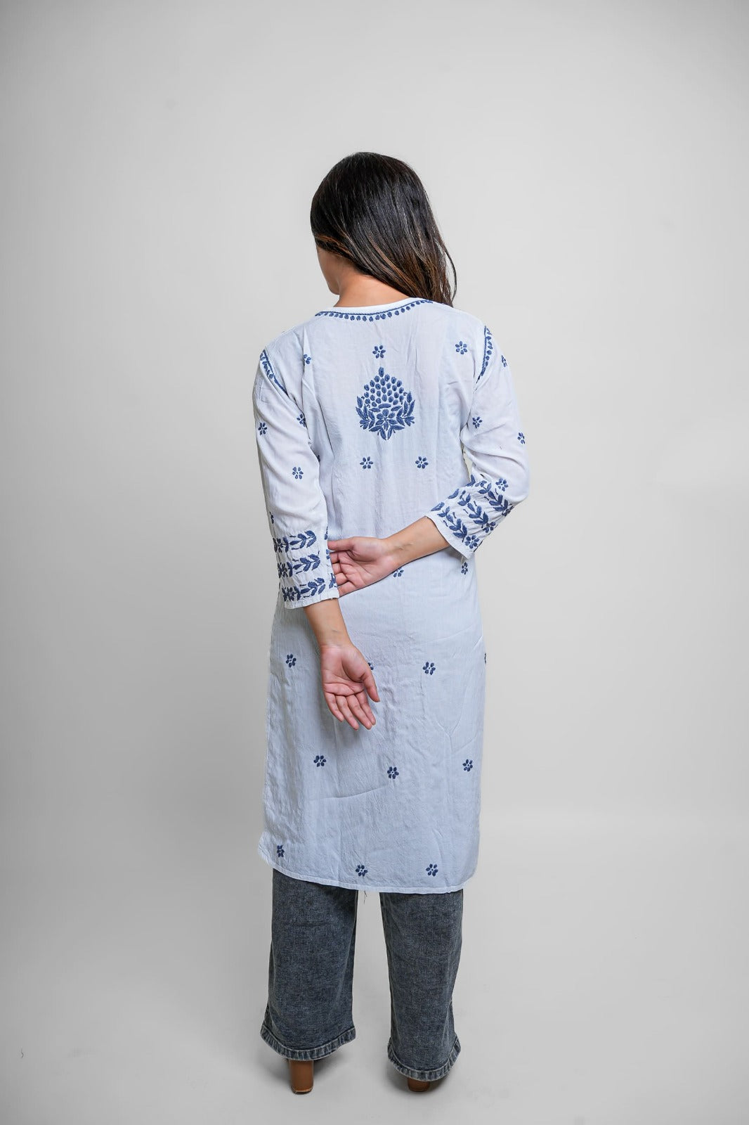 Chikankari hand embroidered | Long Kurta | Rayon | White & Blue