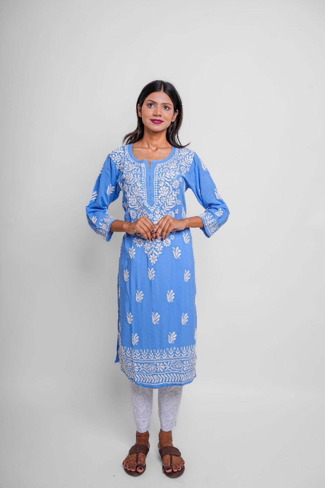 Chikankari hand embroidered | Long Kurta | Mudal | Blue