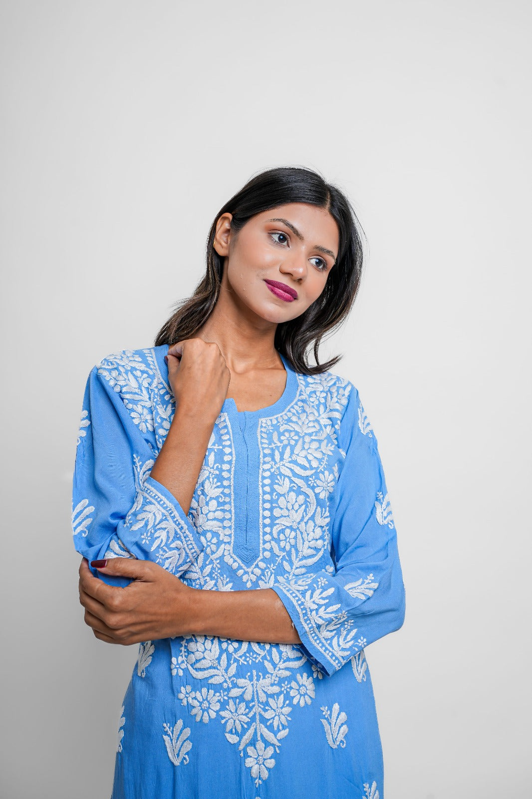 Chikankari hand embroidered | Long Kurta | Mudal | Blue