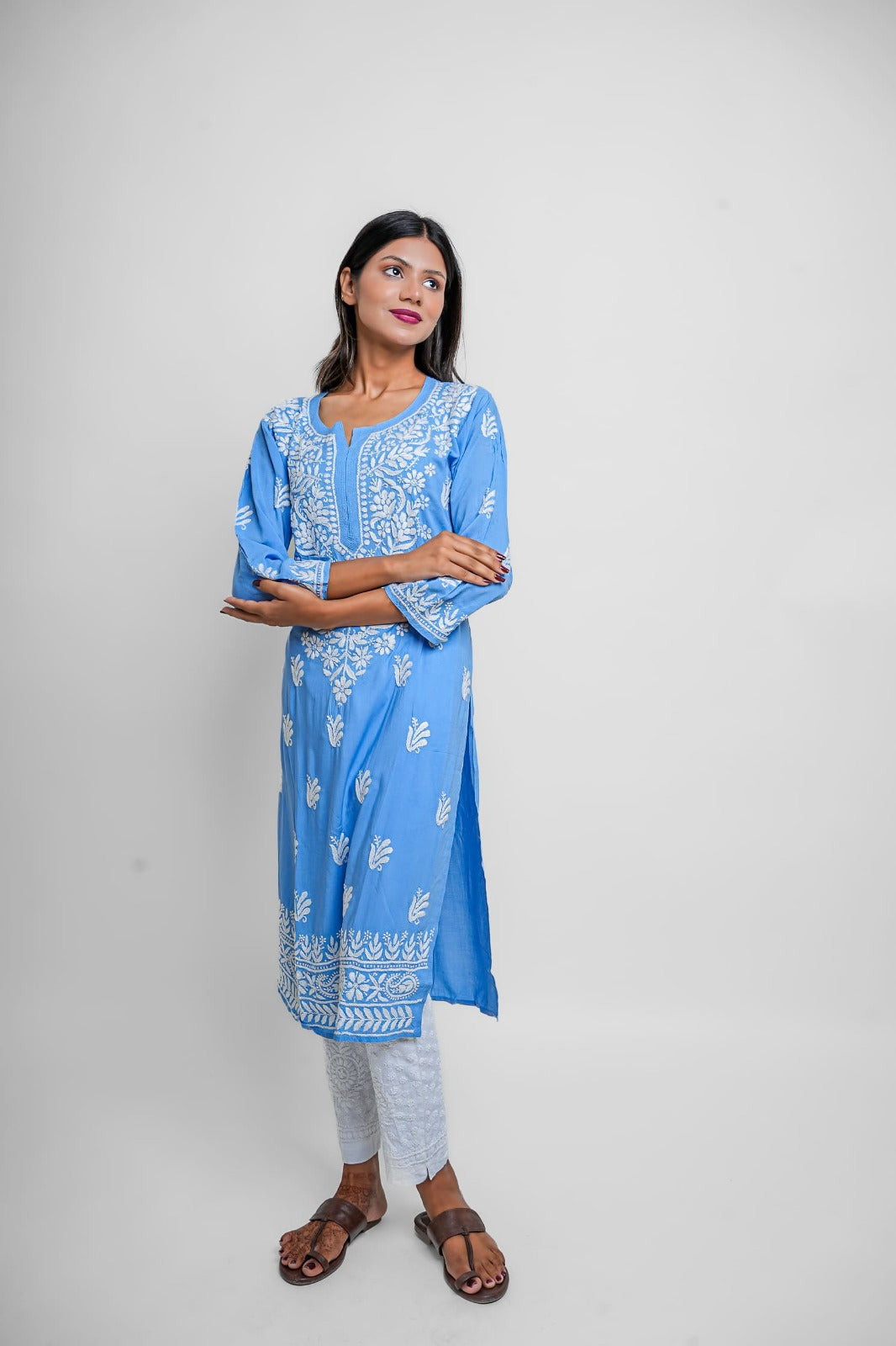 Chikankari hand embroidered | Long Kurta | Mudal | Blue