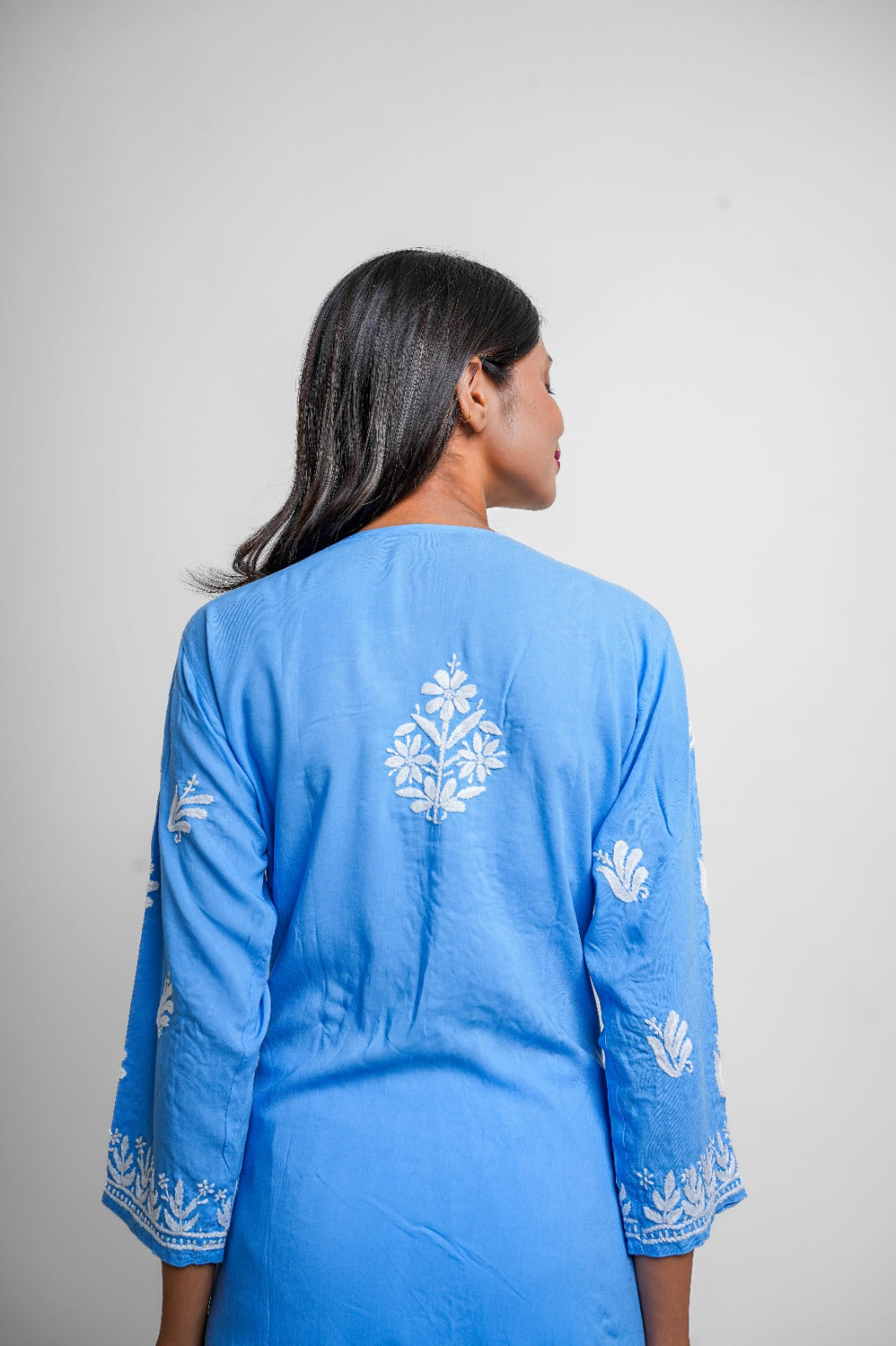 Chikankari hand embroidered | Long Kurta | Mudal | Blue