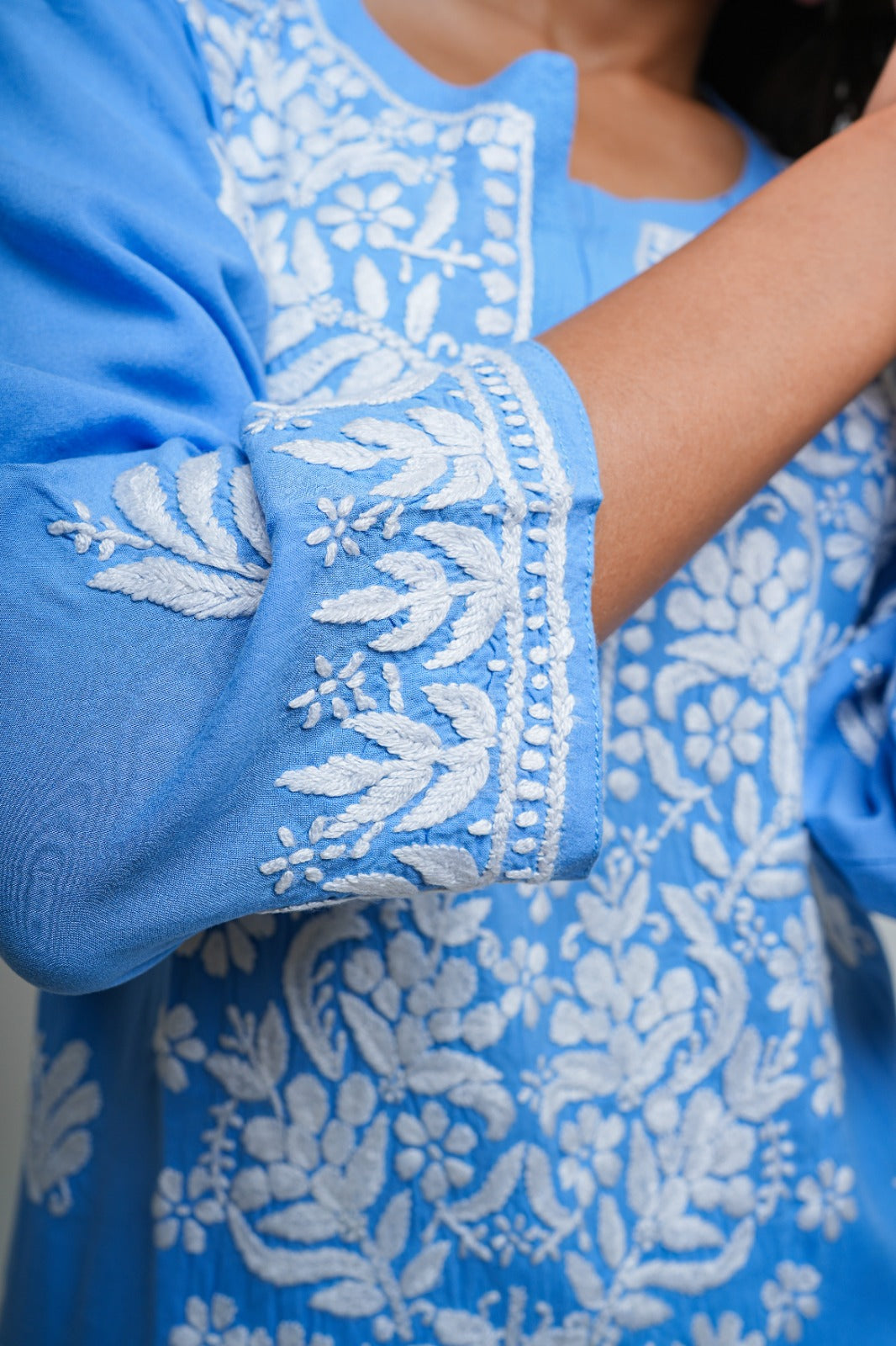 Chikankari hand embroidered | Long Kurta | Mudal | Blue
