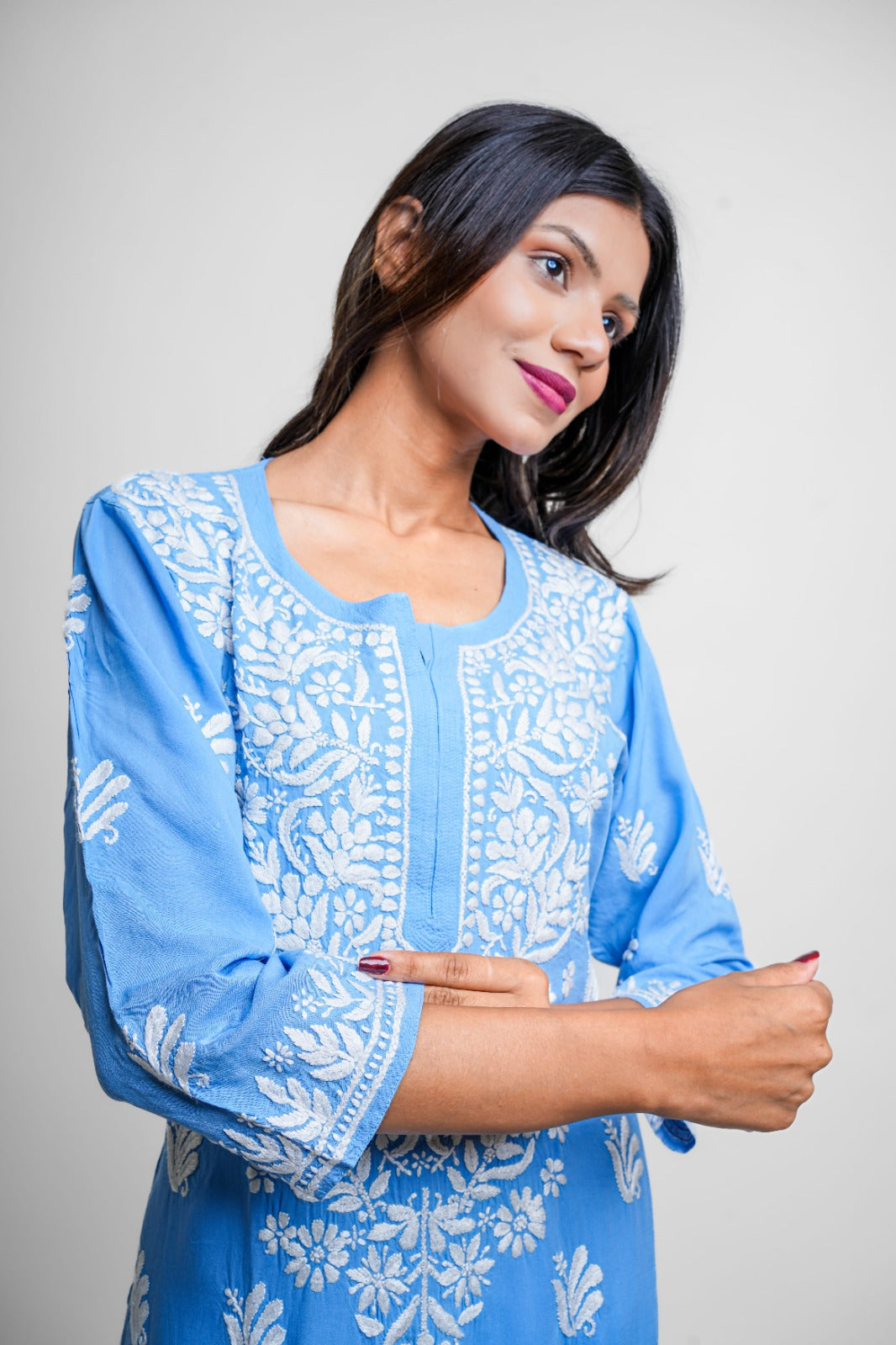 Chikankari hand embroidered | Long Kurta | Mudal | Blue